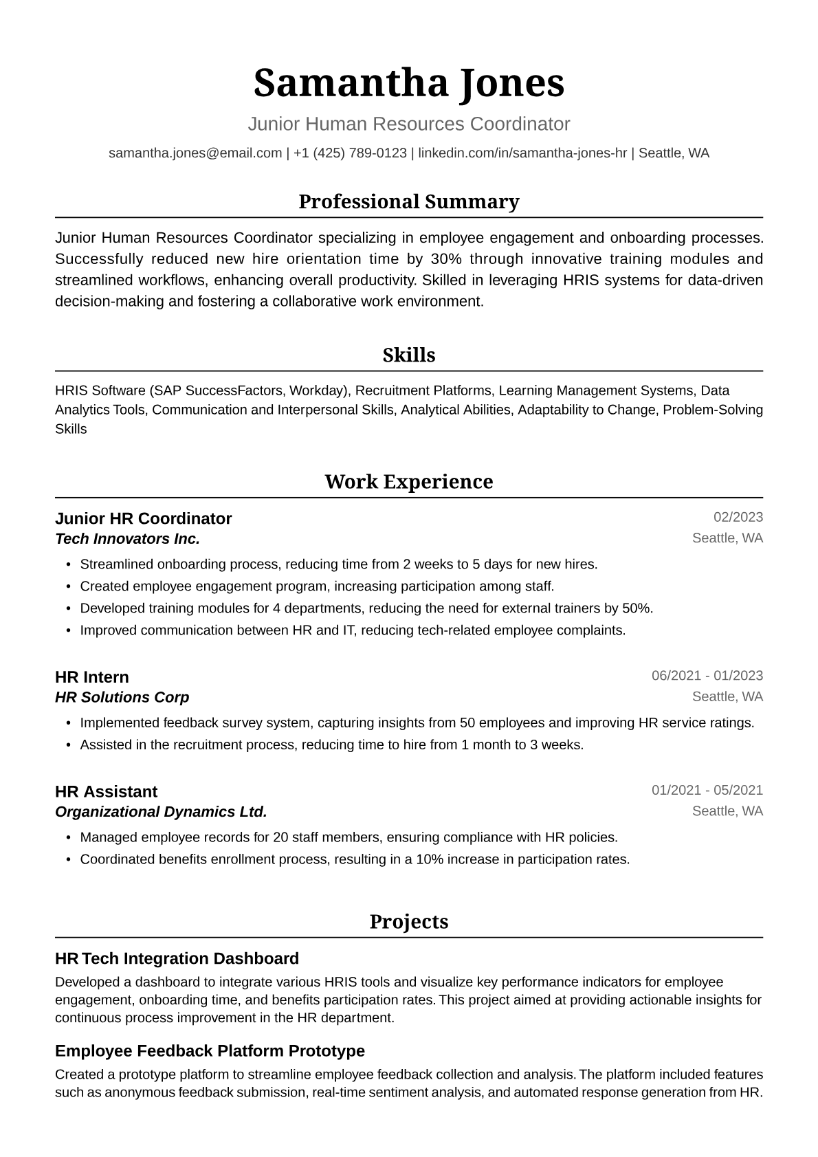 Fresher HR Resume Example