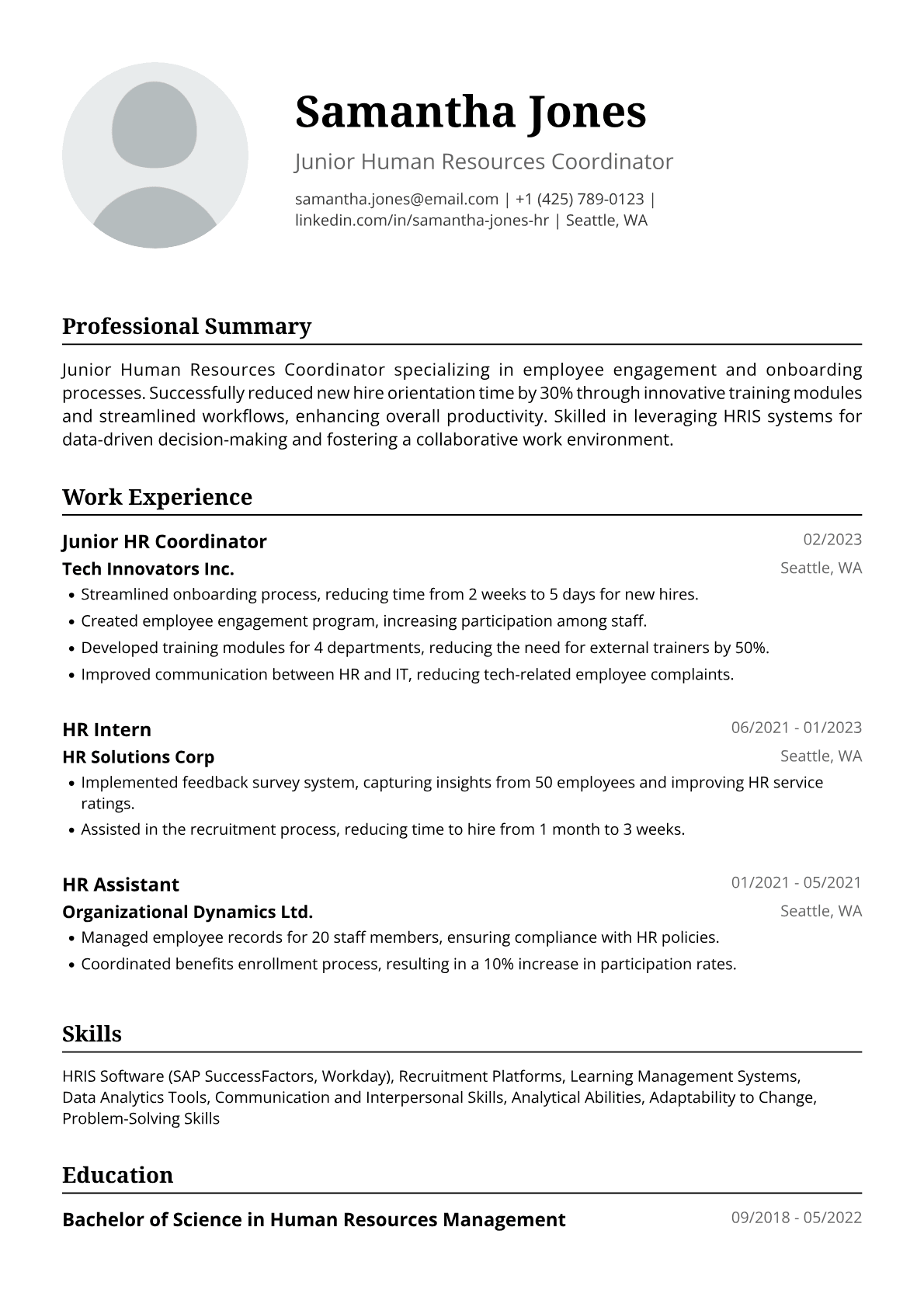 Fresher HR Resume Example