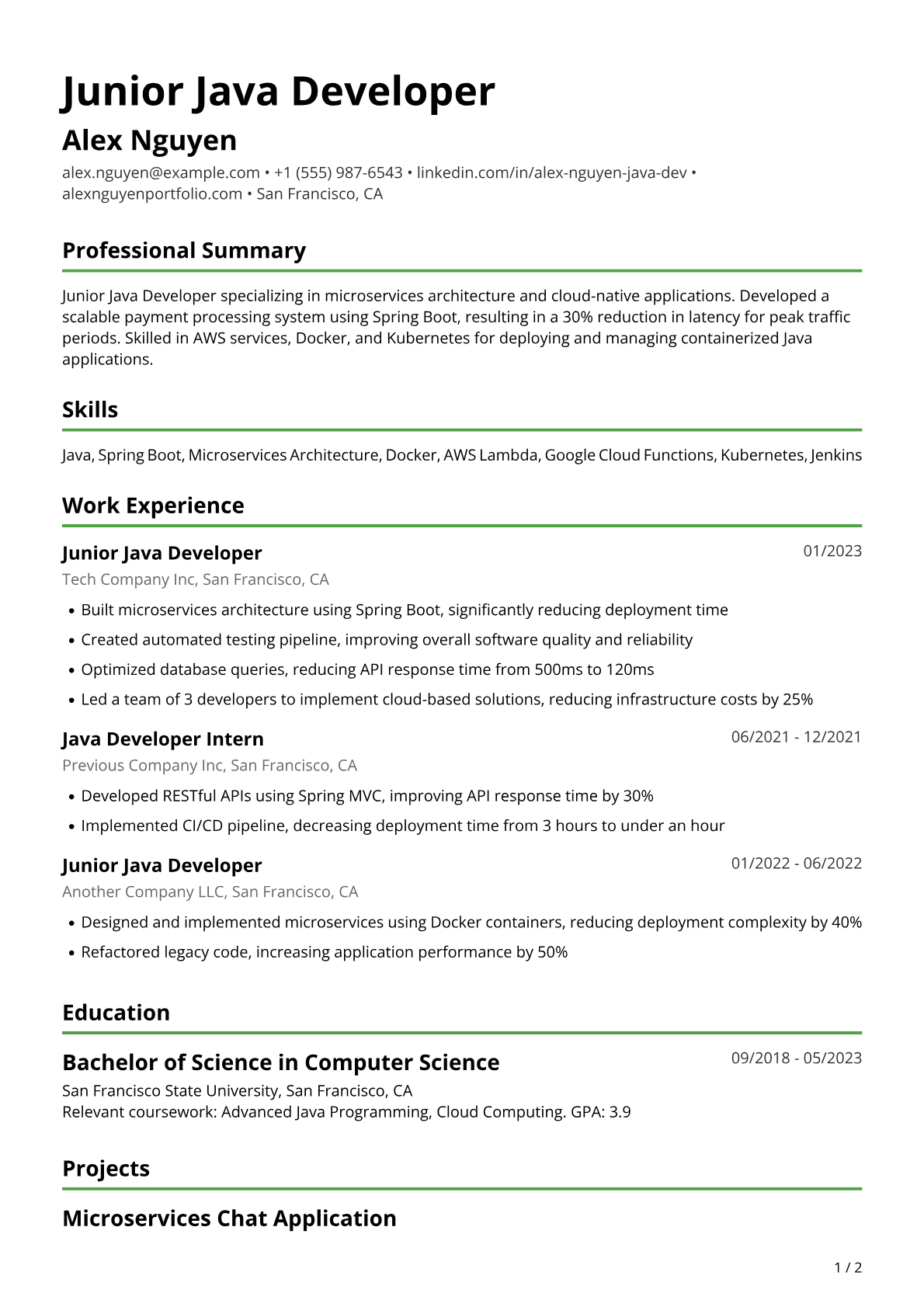 Fresher Java Resume Example