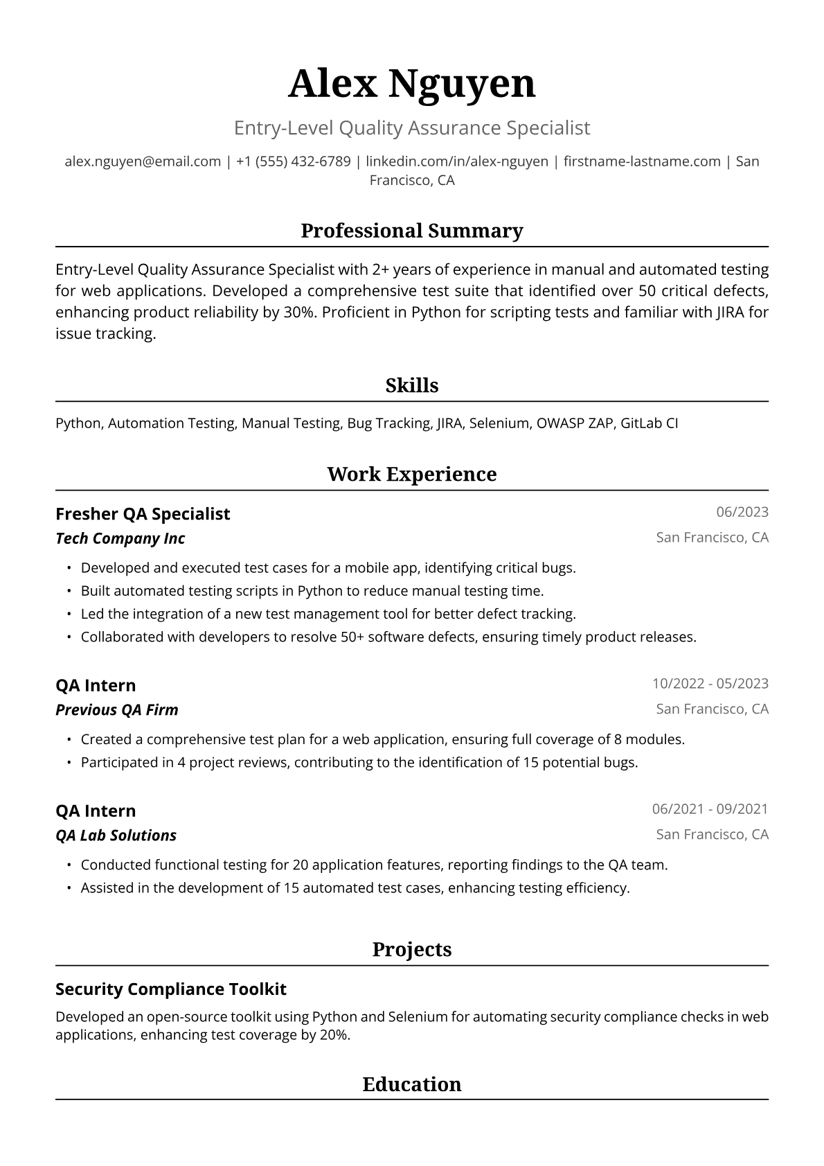 Fresher QA Resume Example