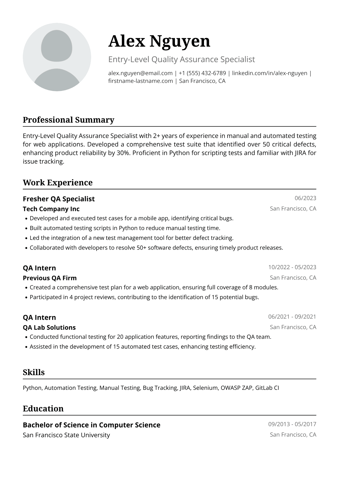 Fresher QA Resume Example