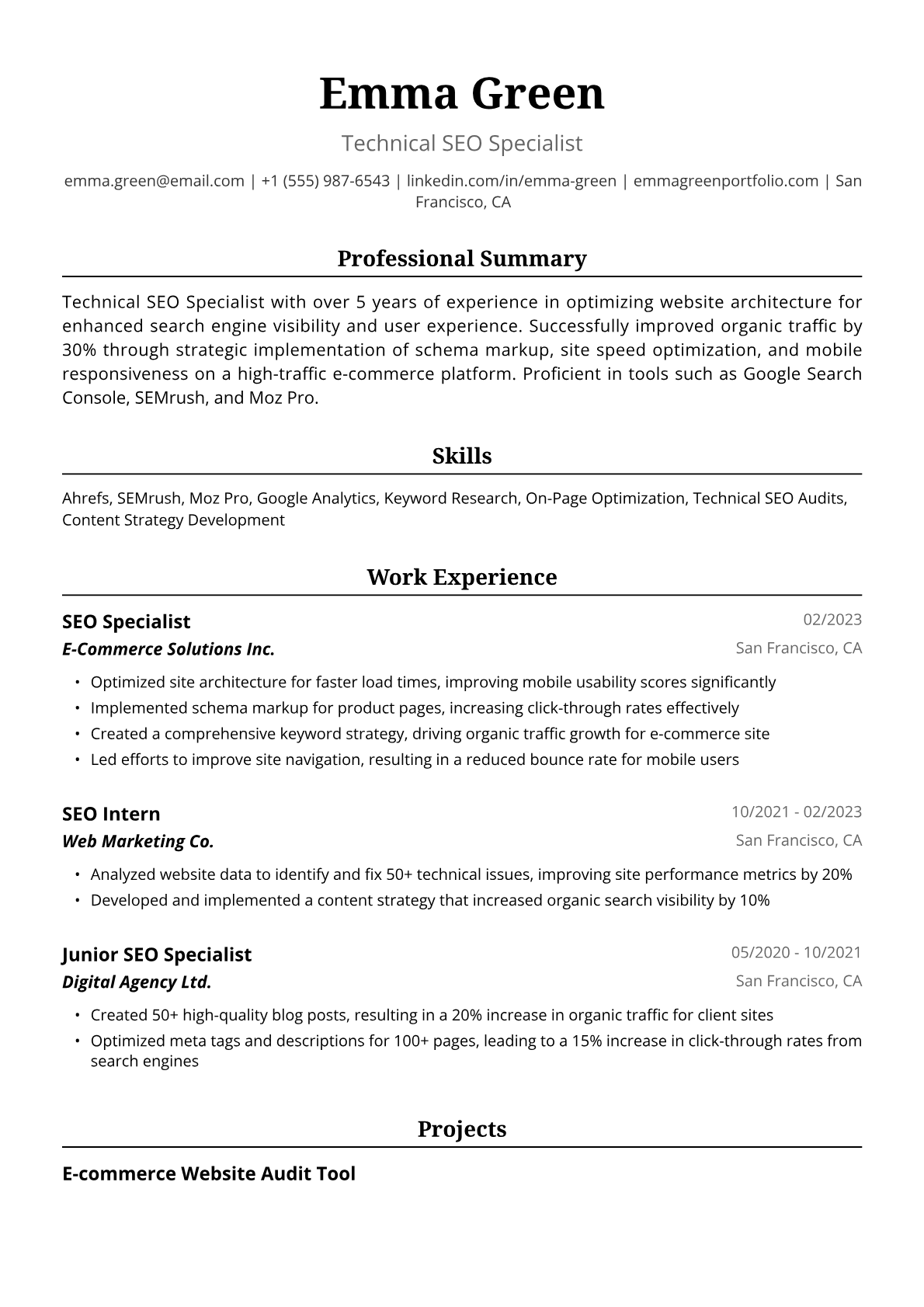 Fresher SEO Resume Example