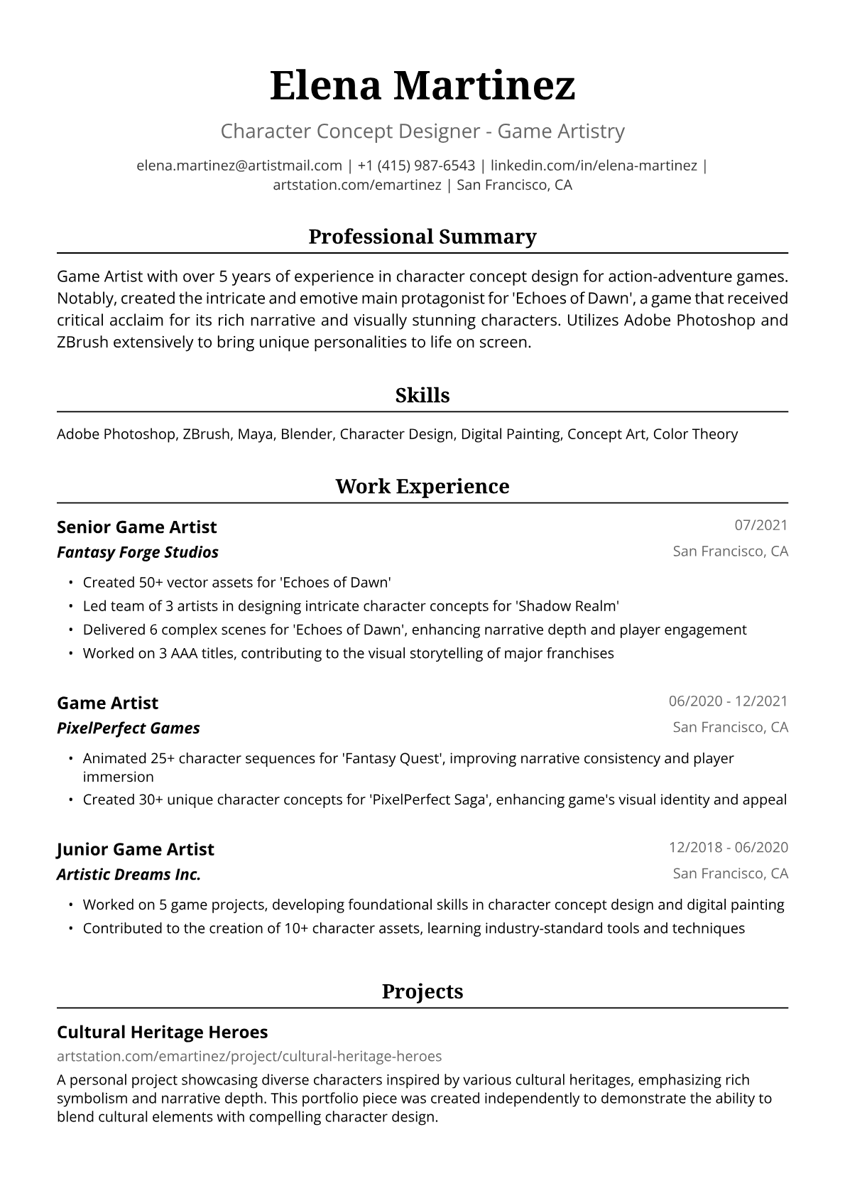 Game Artist Resume Example