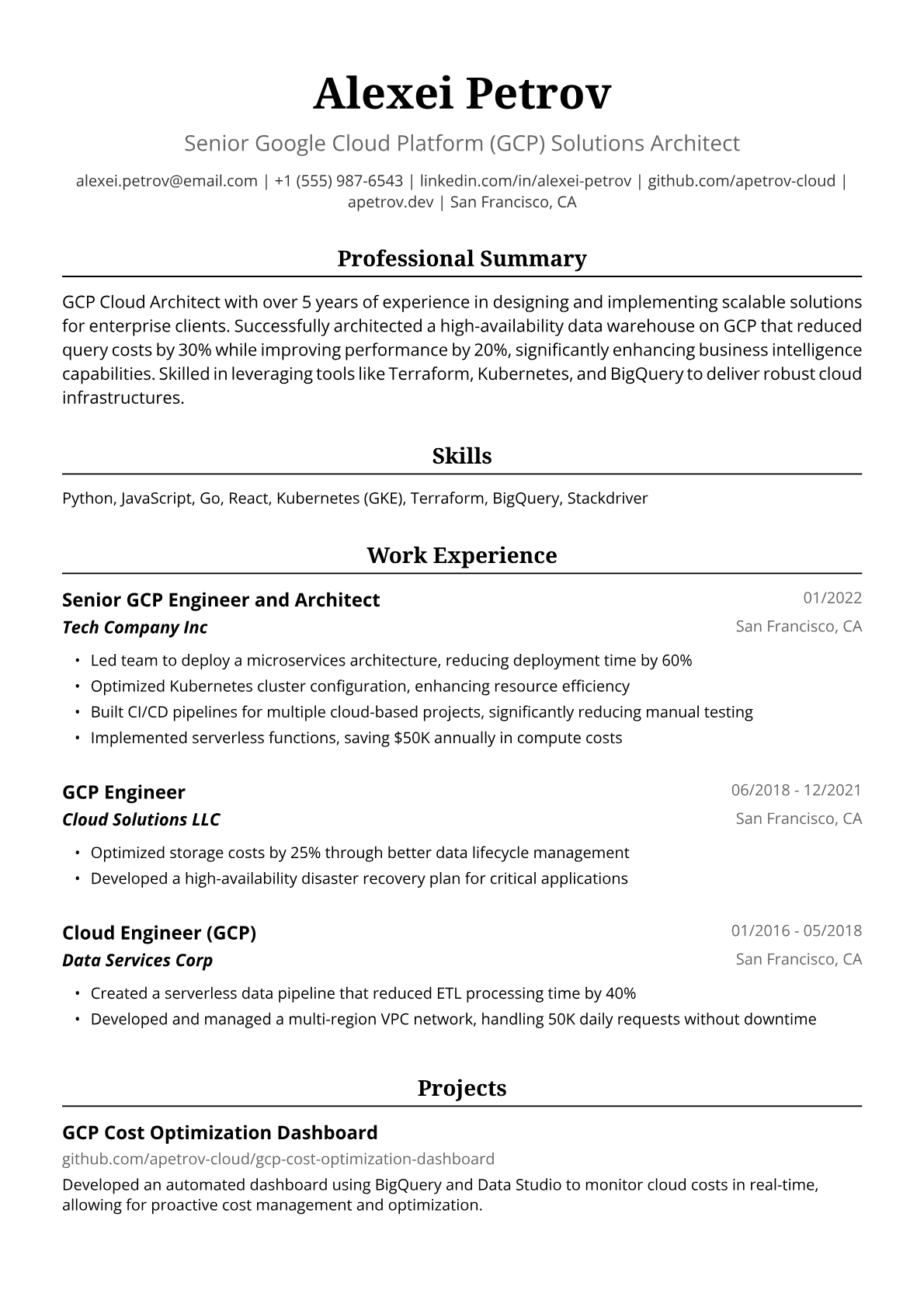 GCP Engineer Resume Example