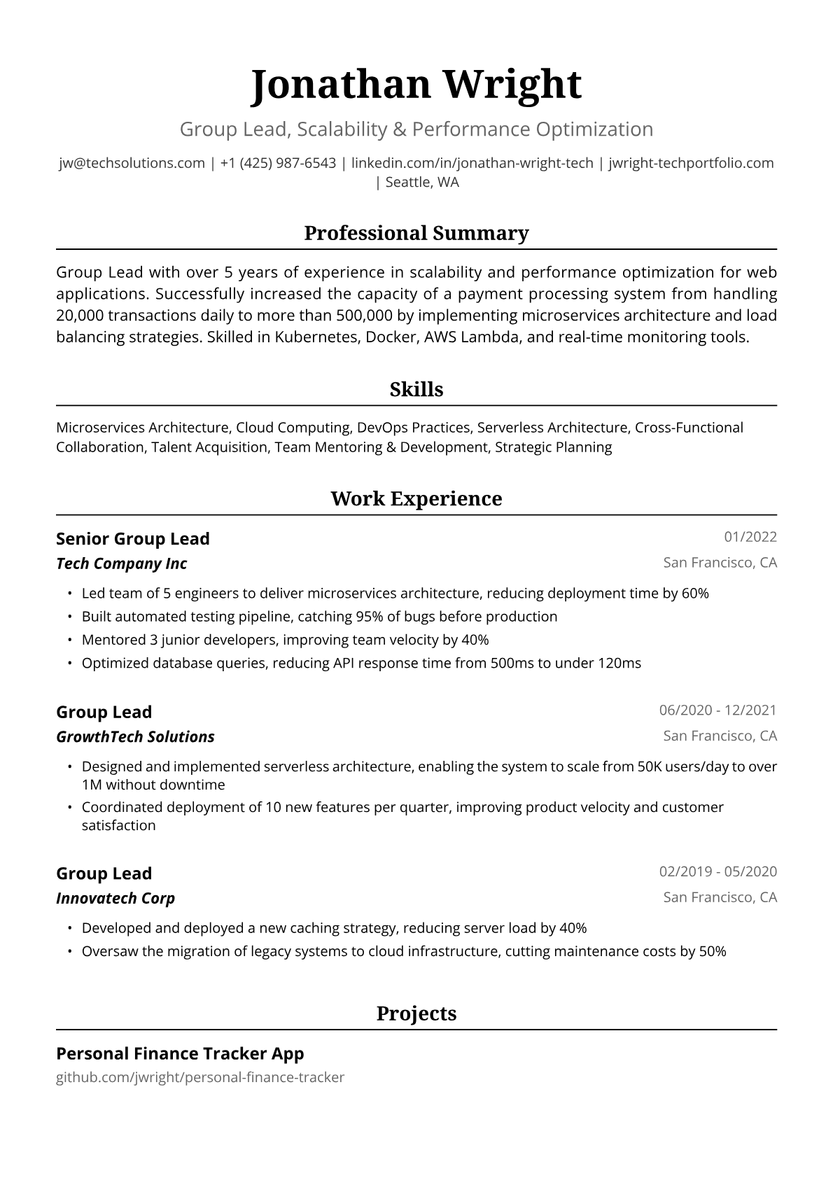 Group Lead Resume Example
