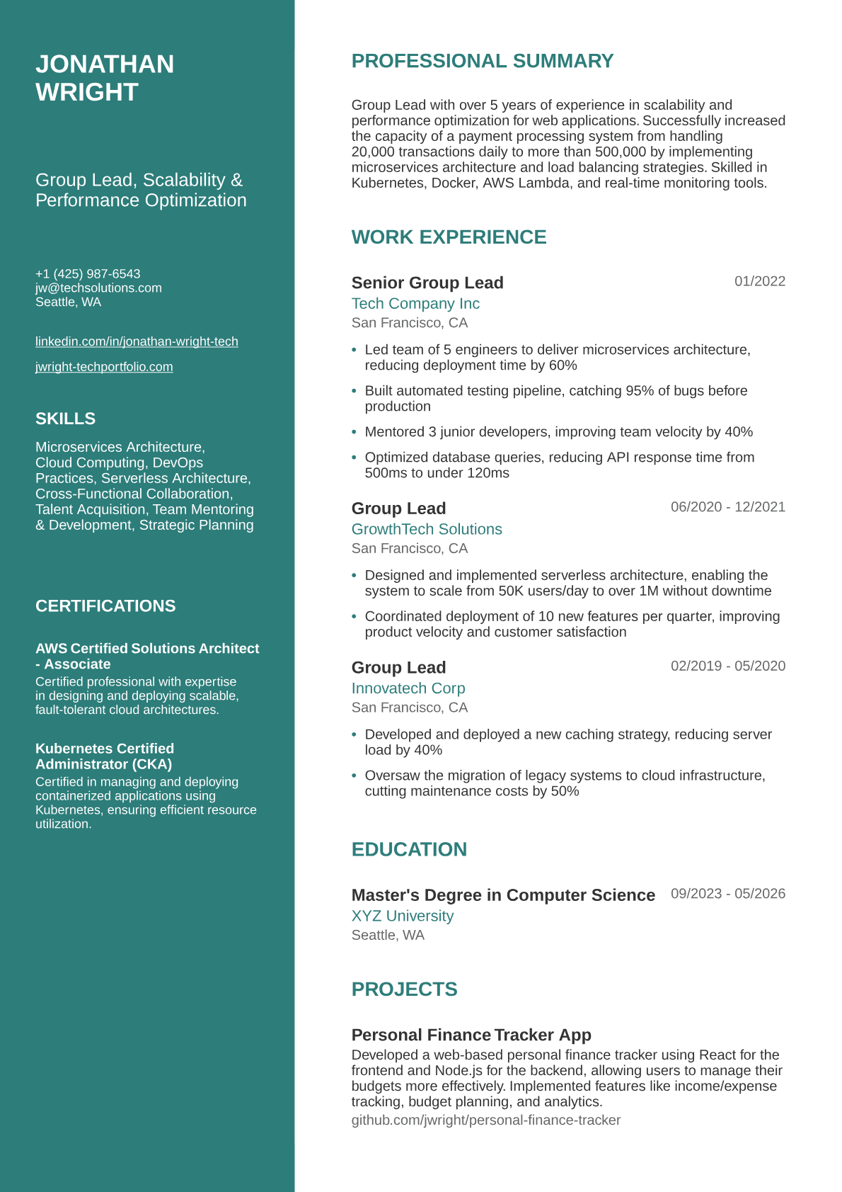 Group Lead Resume Example