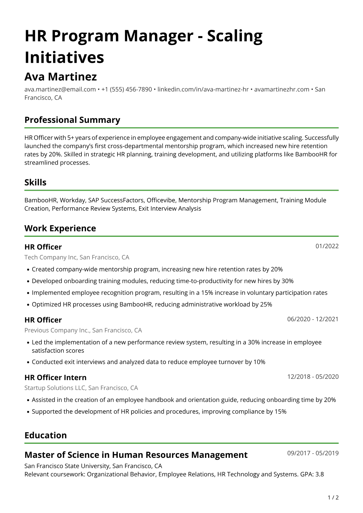 HR Officer Resume Example