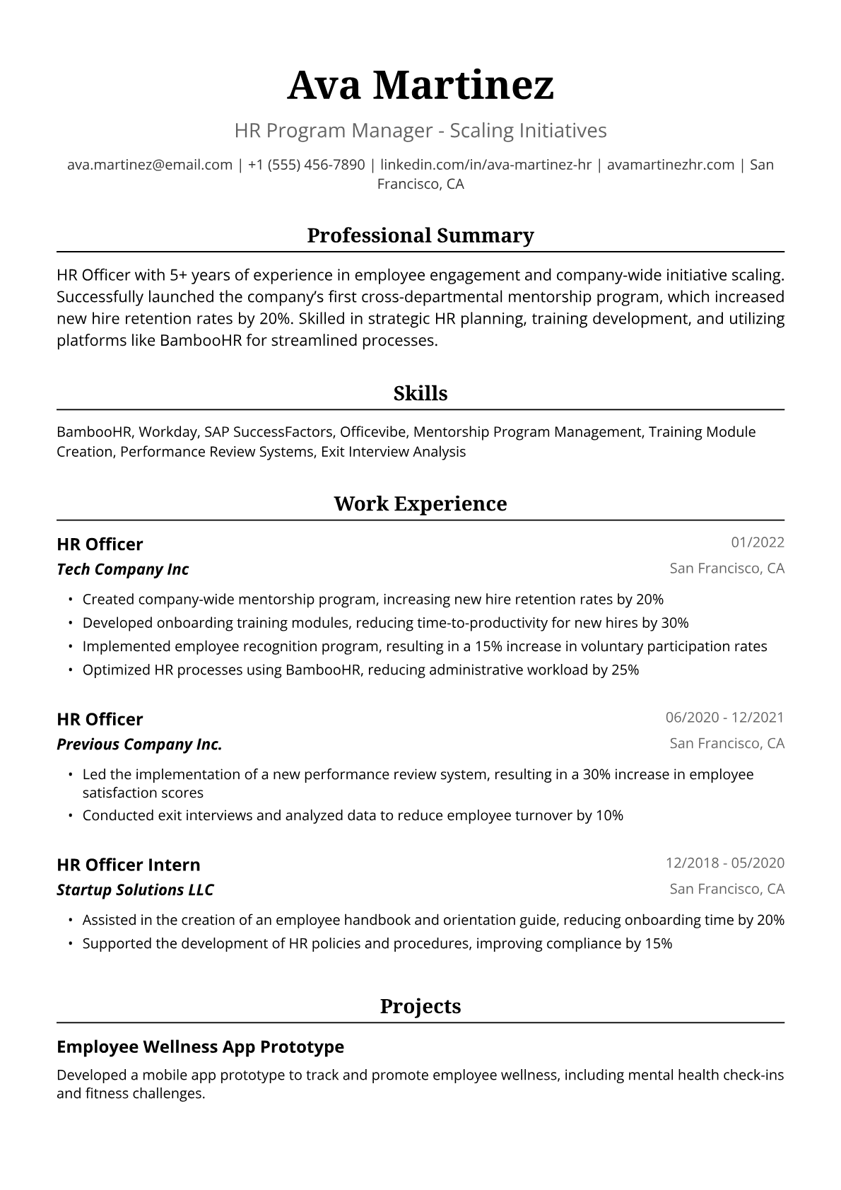 HR Officer Resume Example
