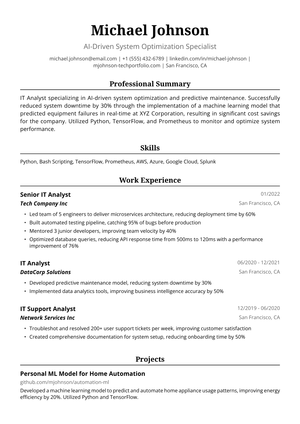 IT Analyst Resume Example