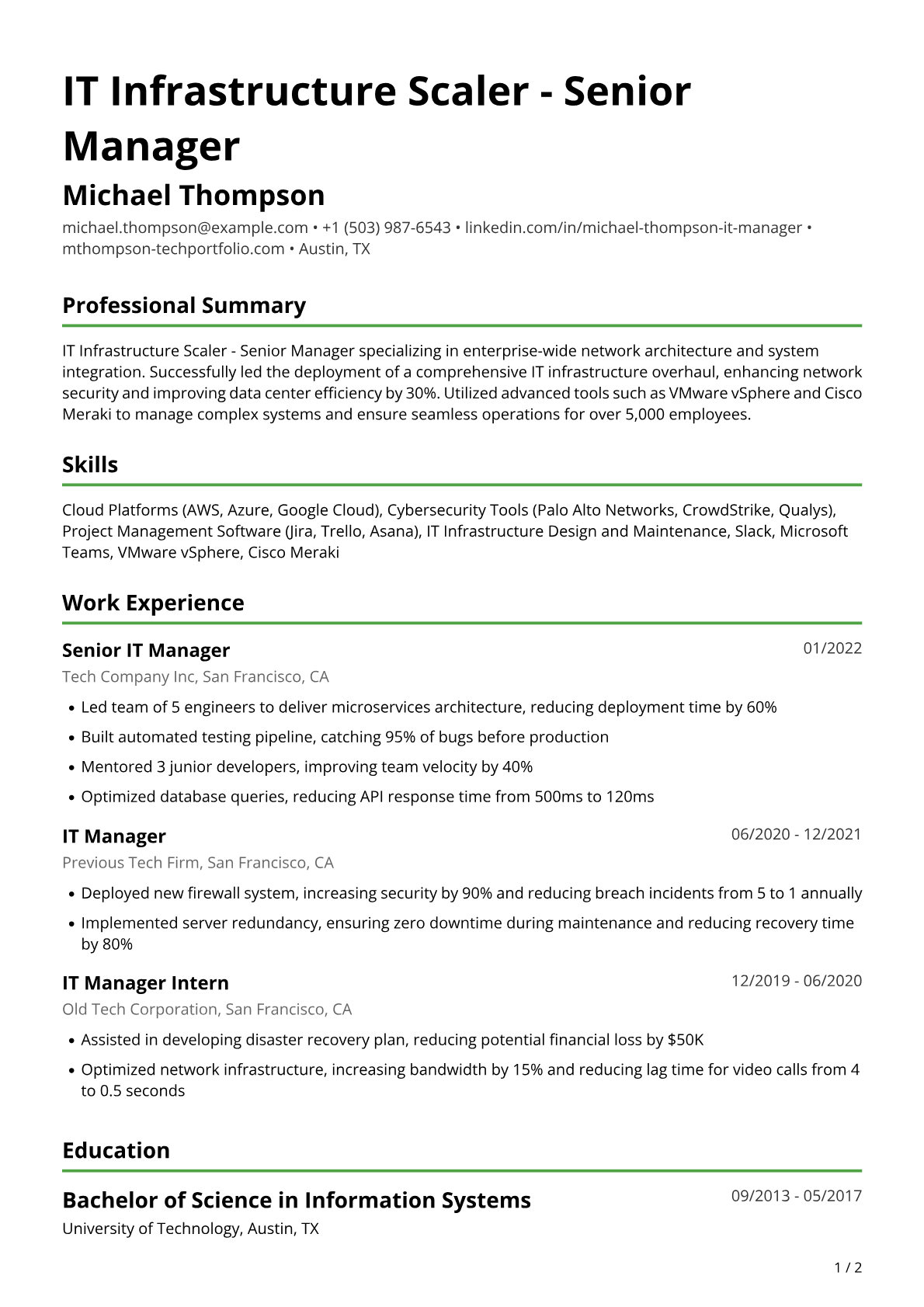 IT Manager Resume Example