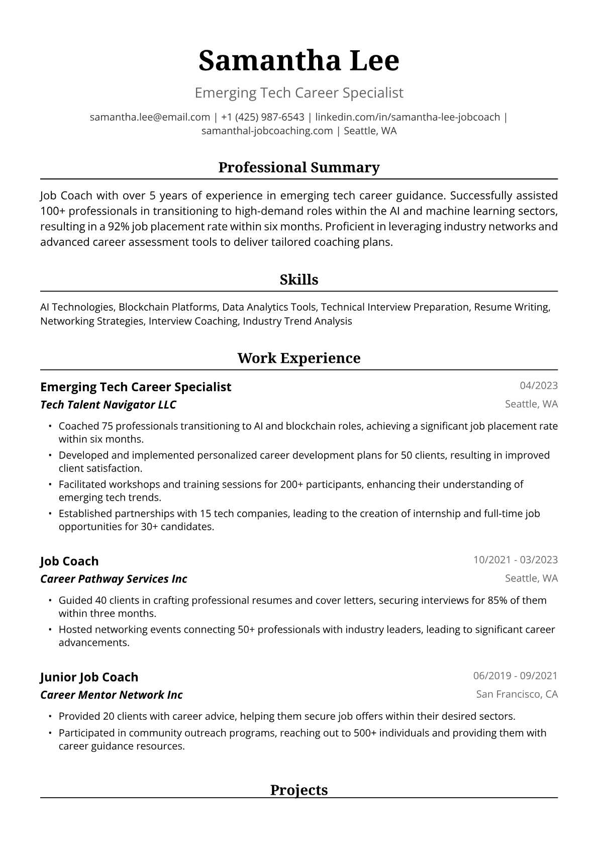 Job Coach Resume Example