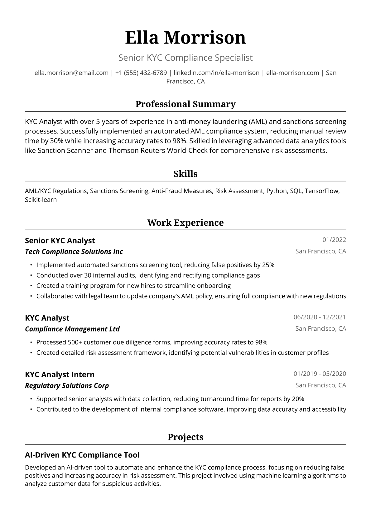 KYC Analyst Resume Example