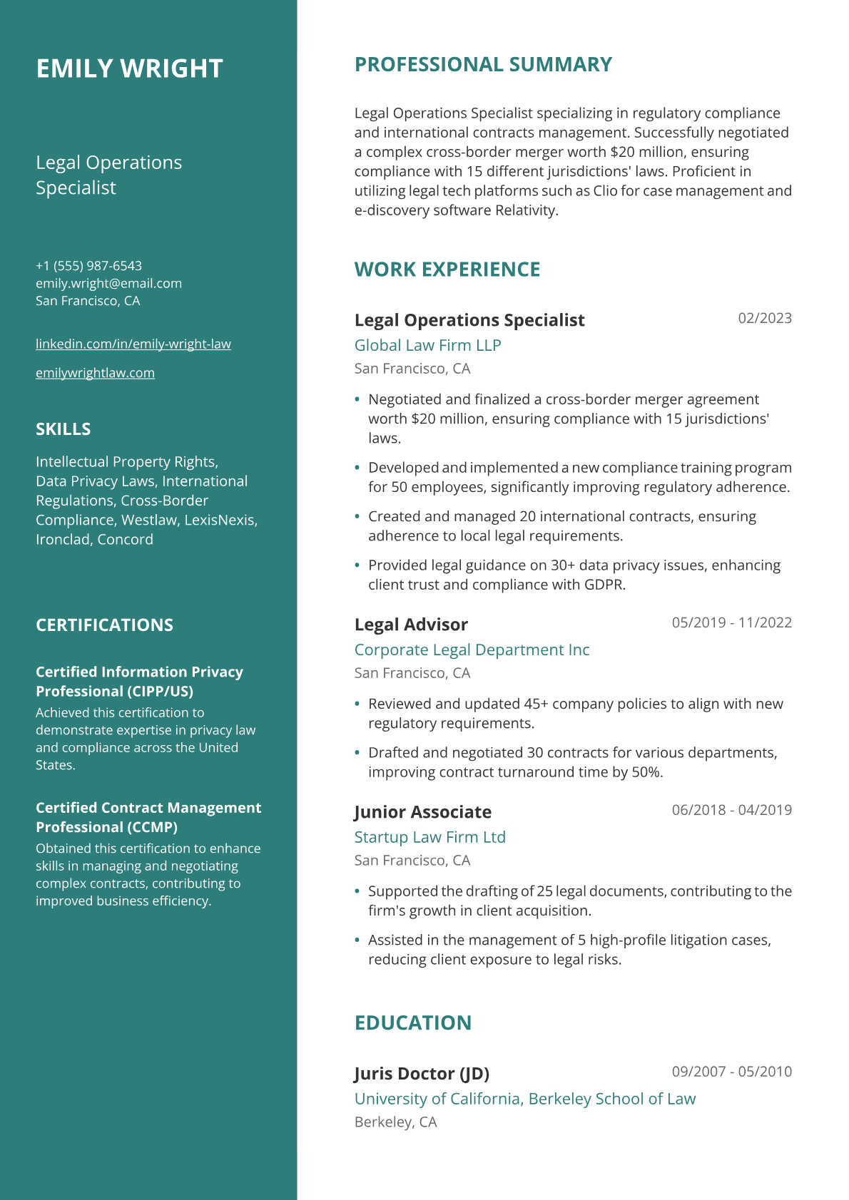 Law Resume Example