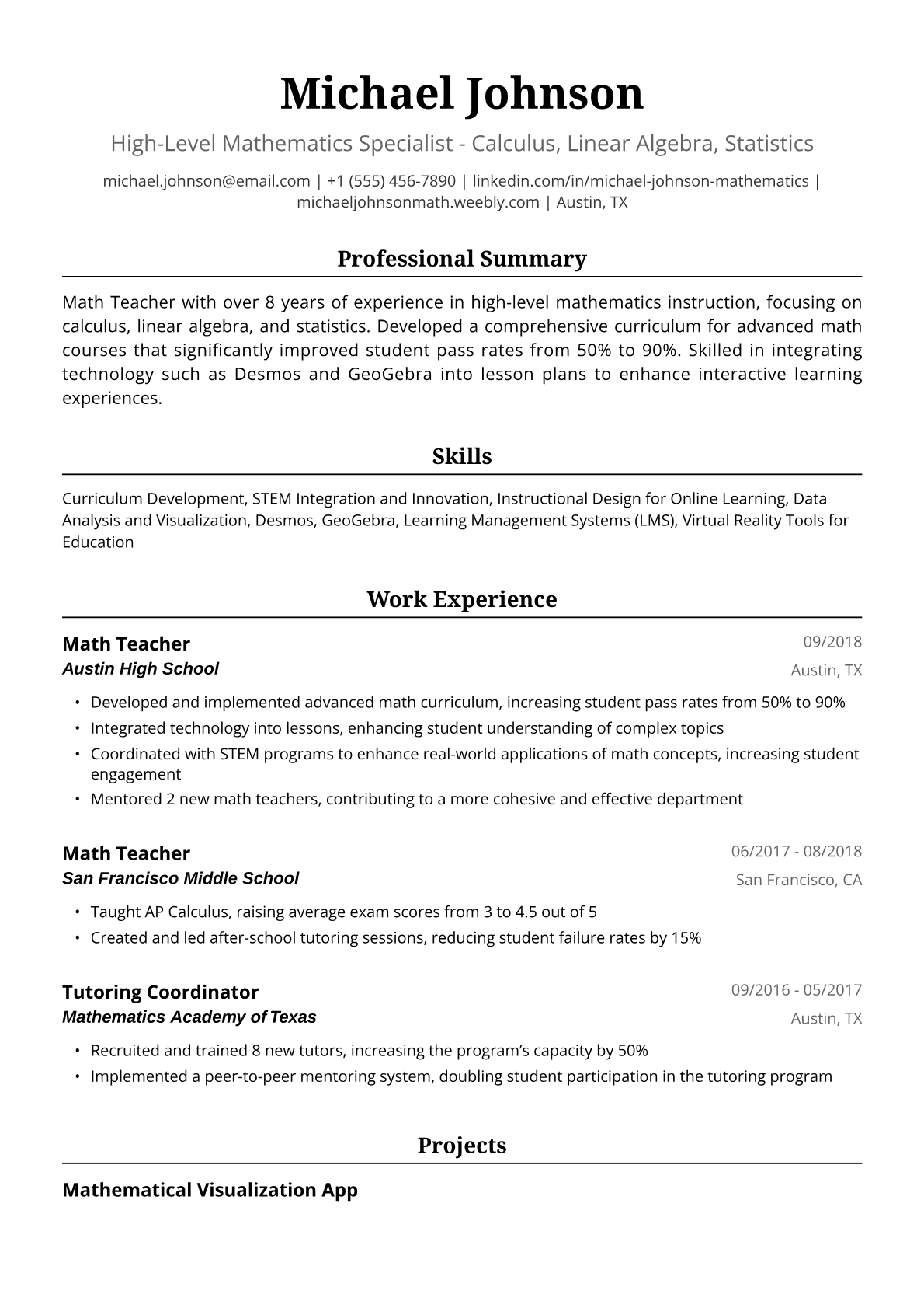 Math Teacher Resume Example