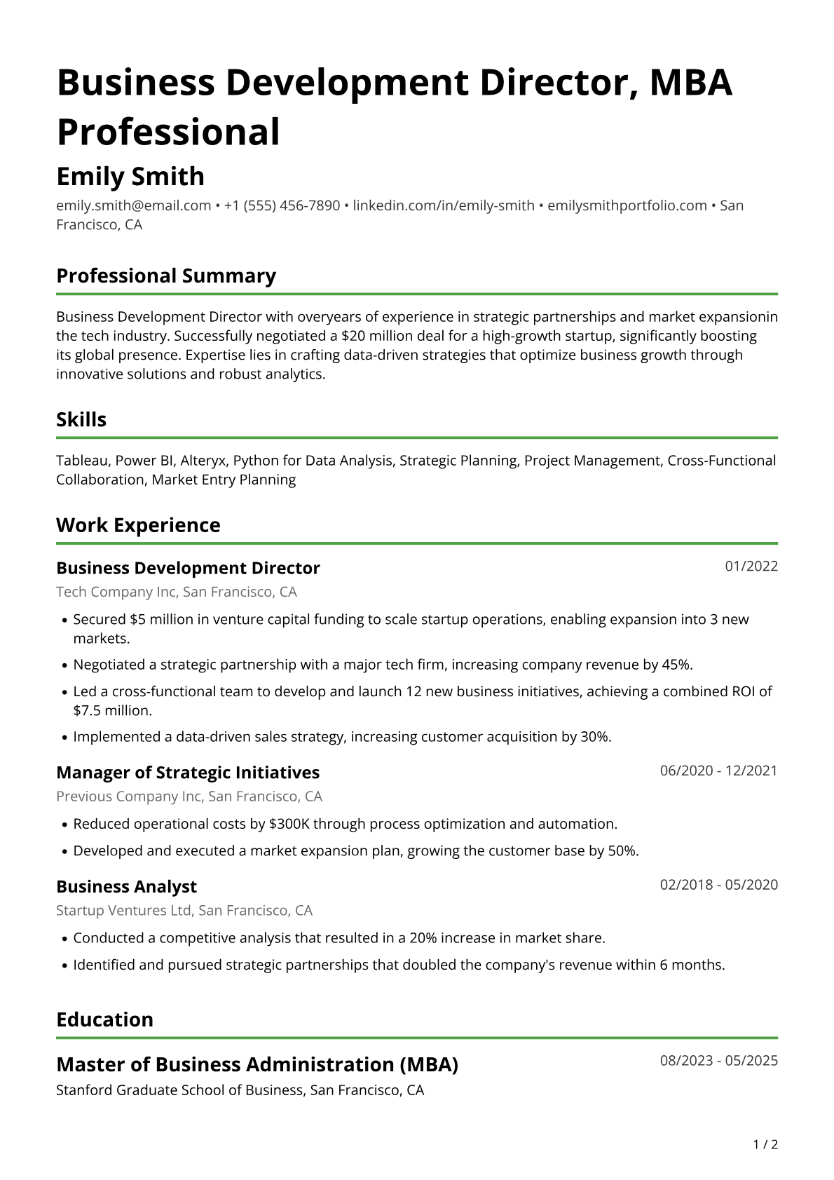 MBA Resume Example