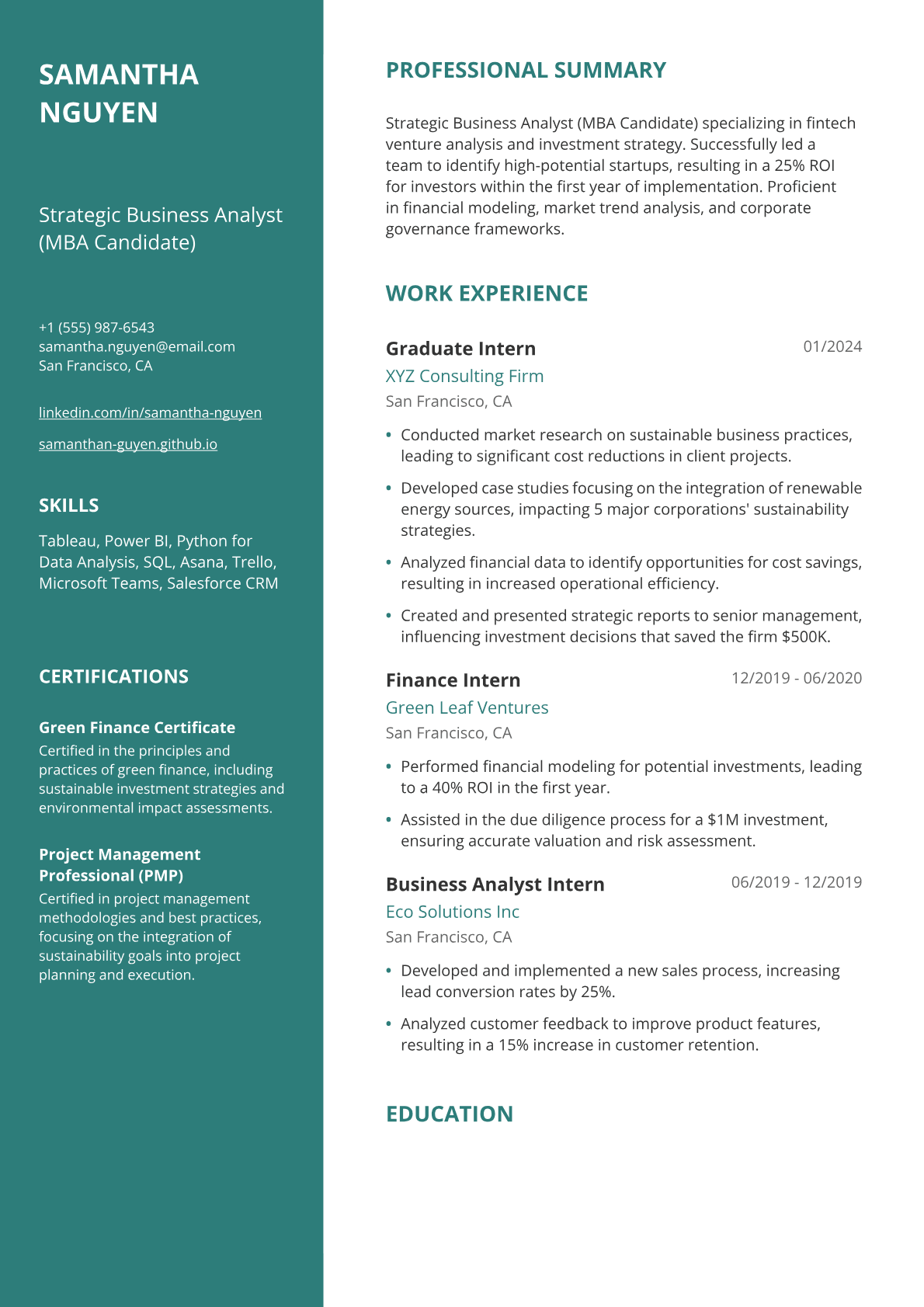 MBA Student Resume Example