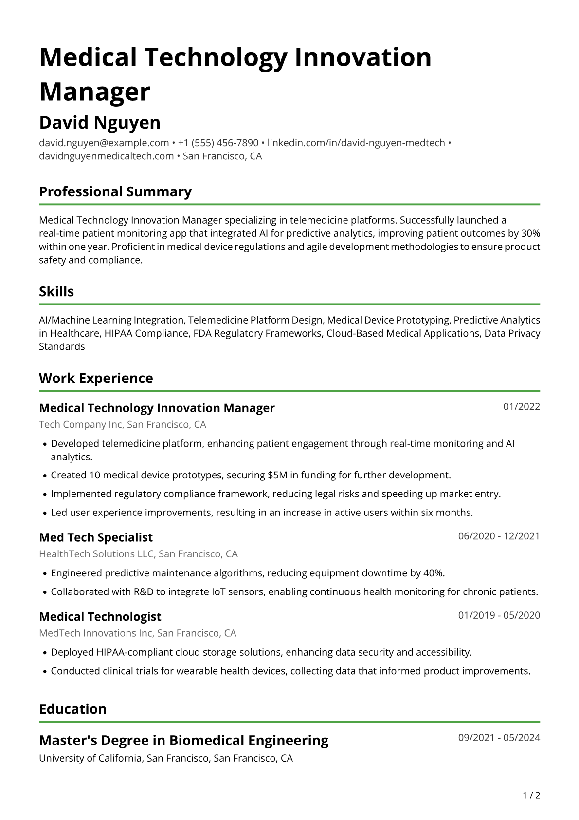 Med Tech Resume Example