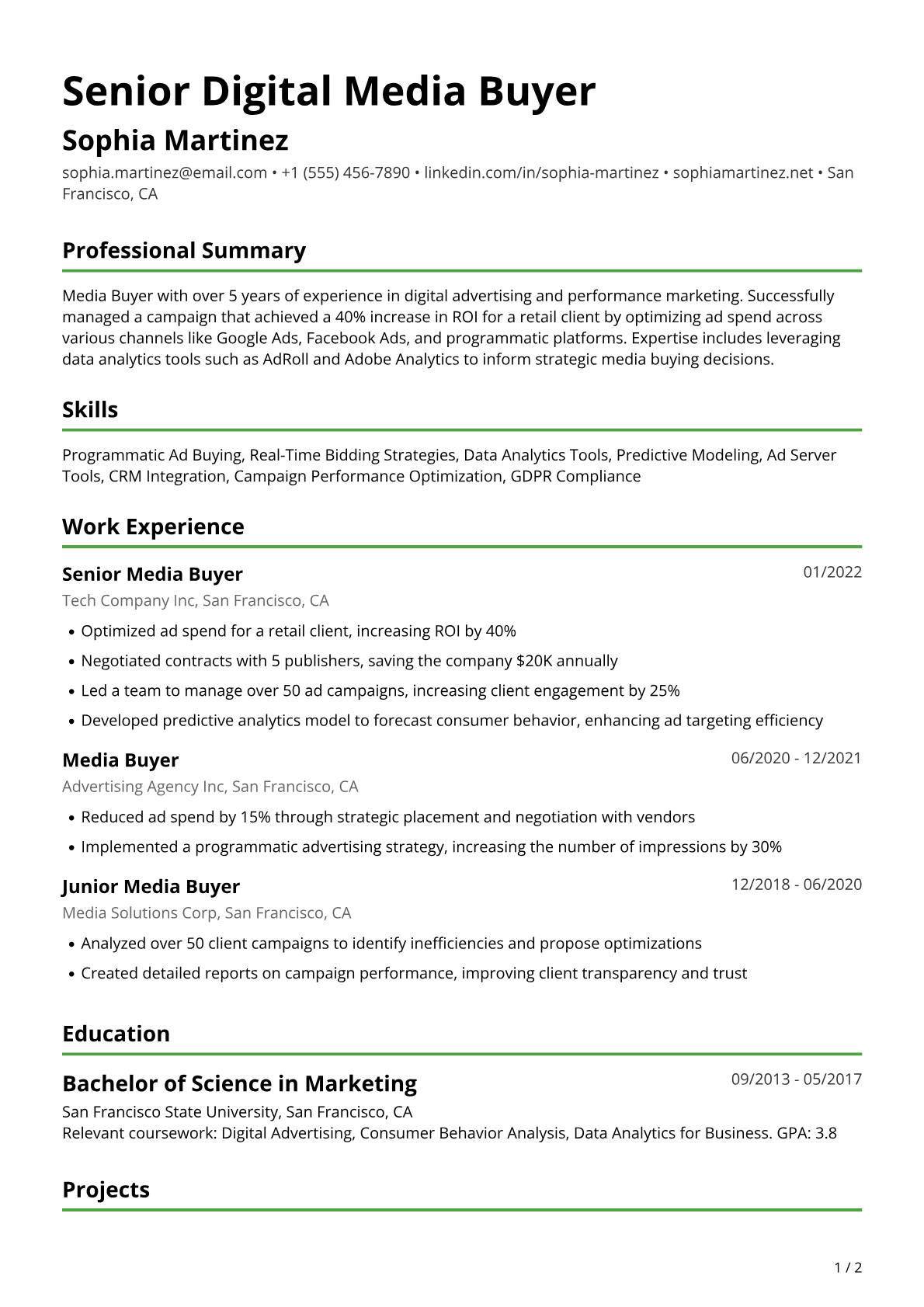 Media Buyer Resume Example