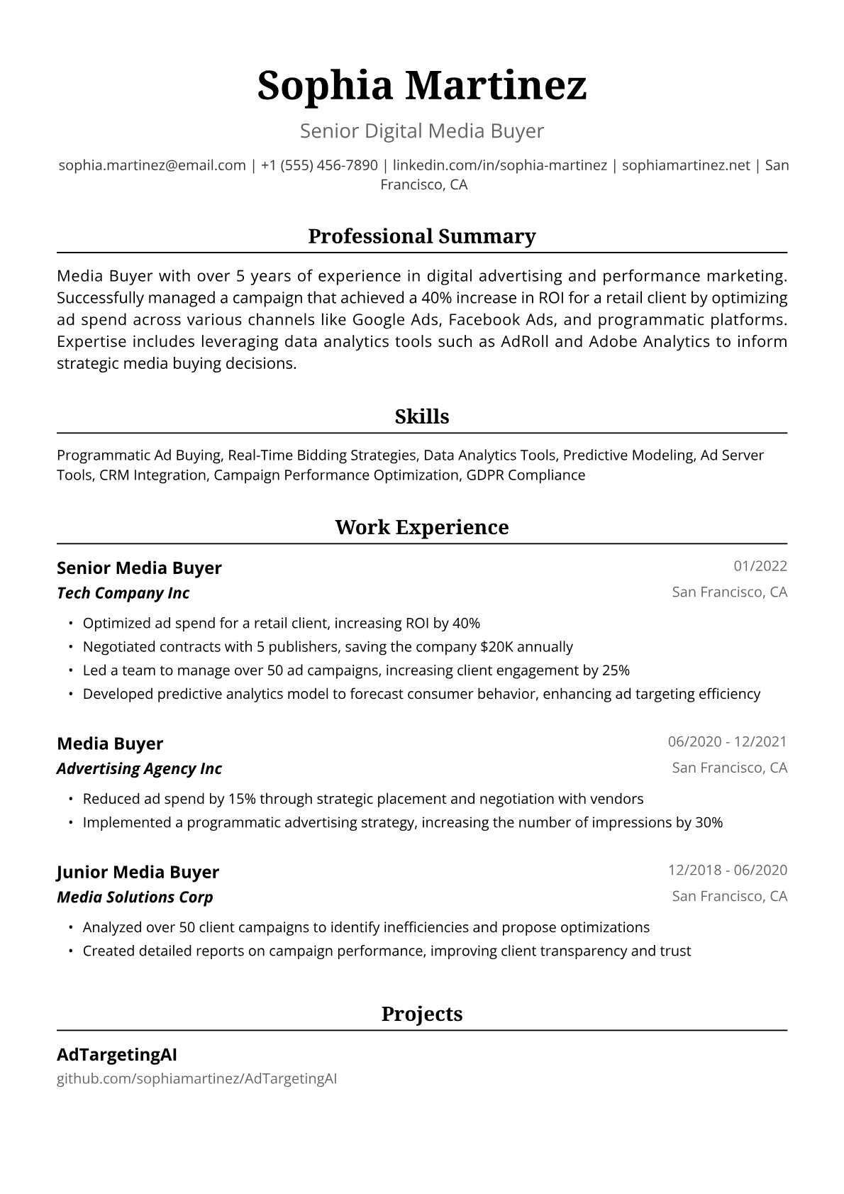 Media Buyer Resume Example