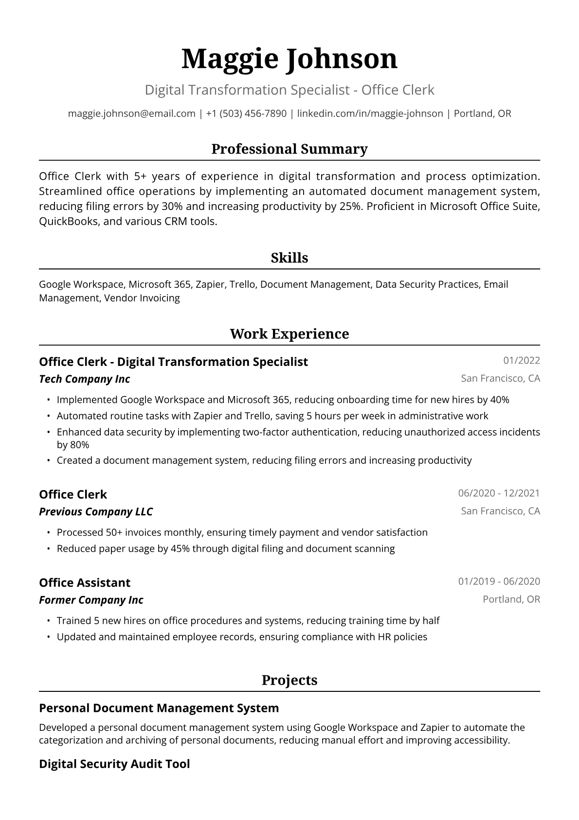 Office Clerk Resume Example