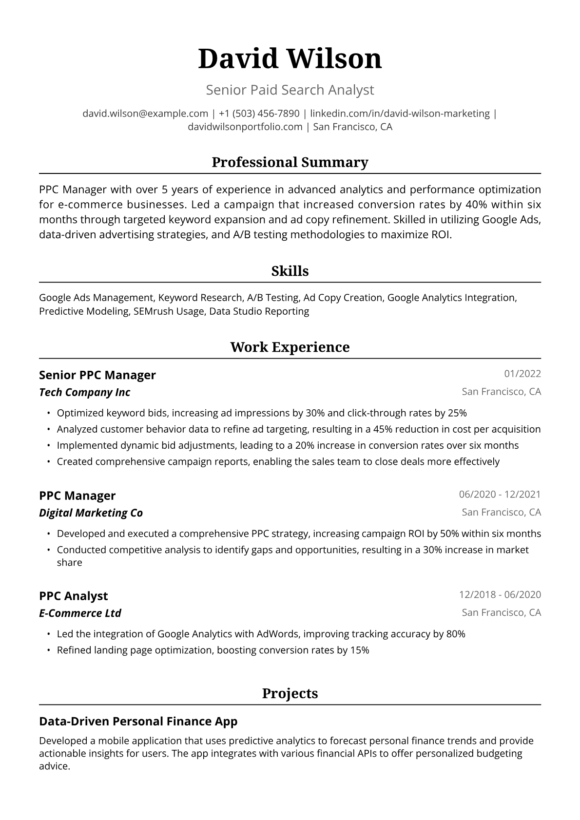 PPC Manager Resume Example