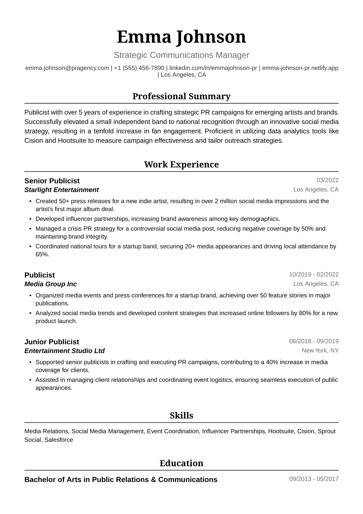 Publicist Resume Example