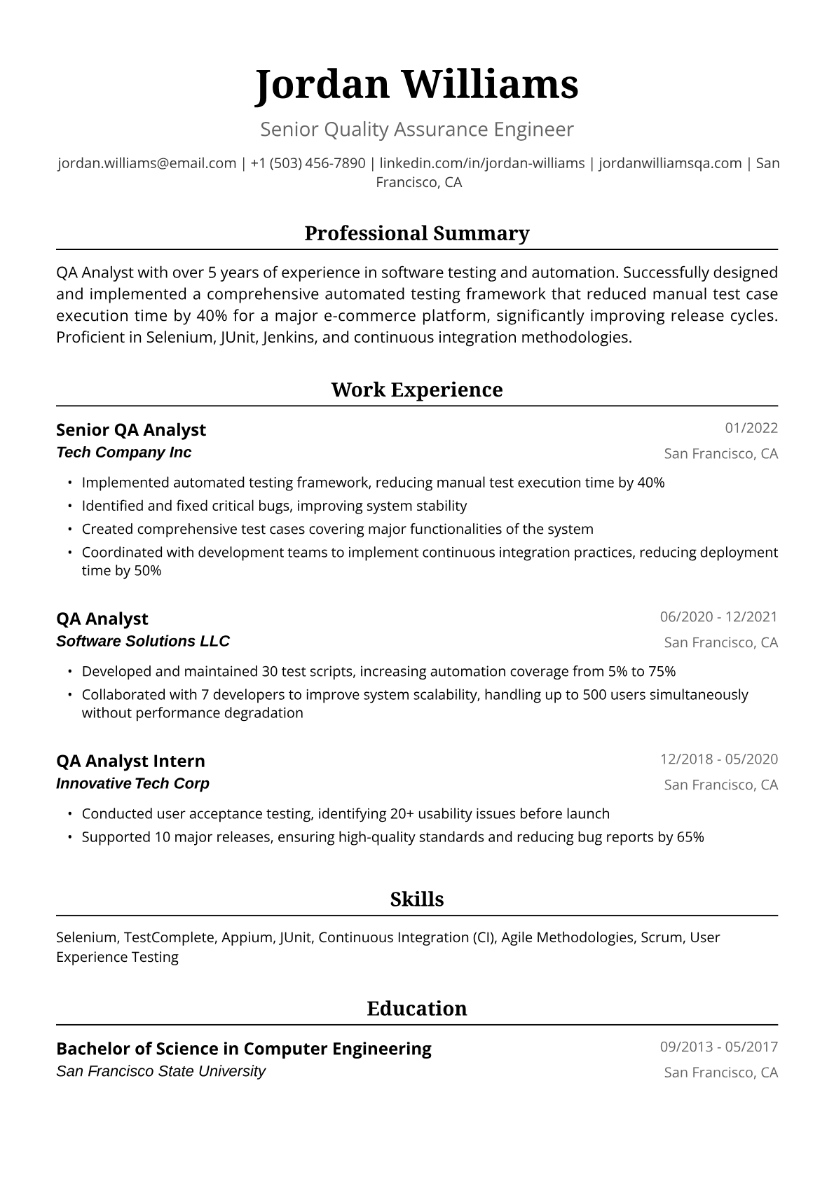 QA Analyst Resume Example