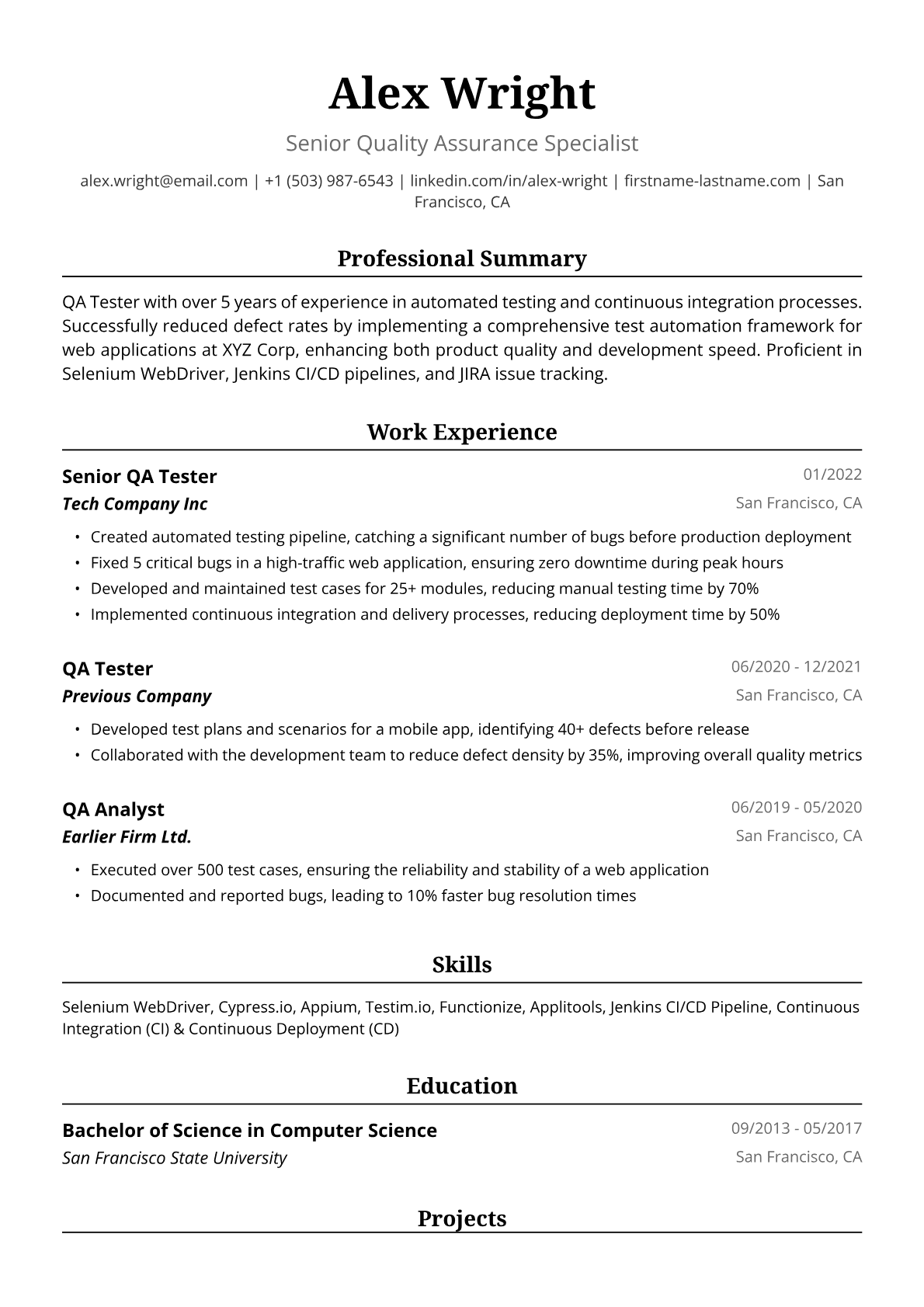 QA Tester Resume Example