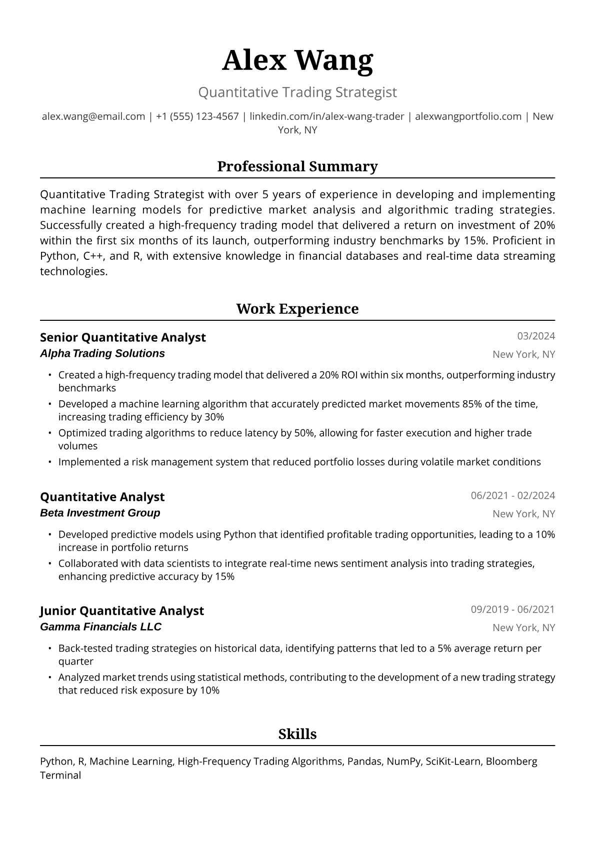 Quant Trader Resume Example