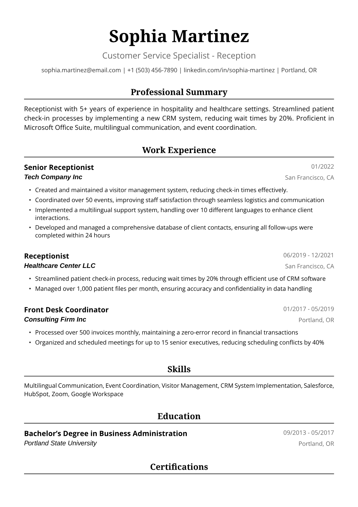 Receptionist Resume Example