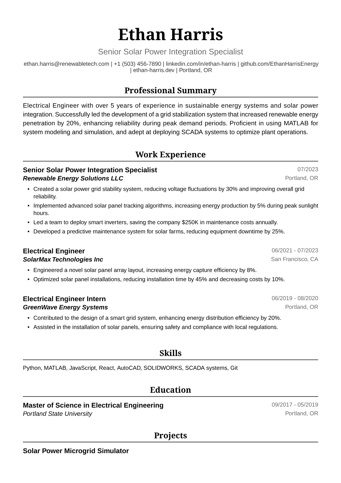 Electrical Engineer Resume Example