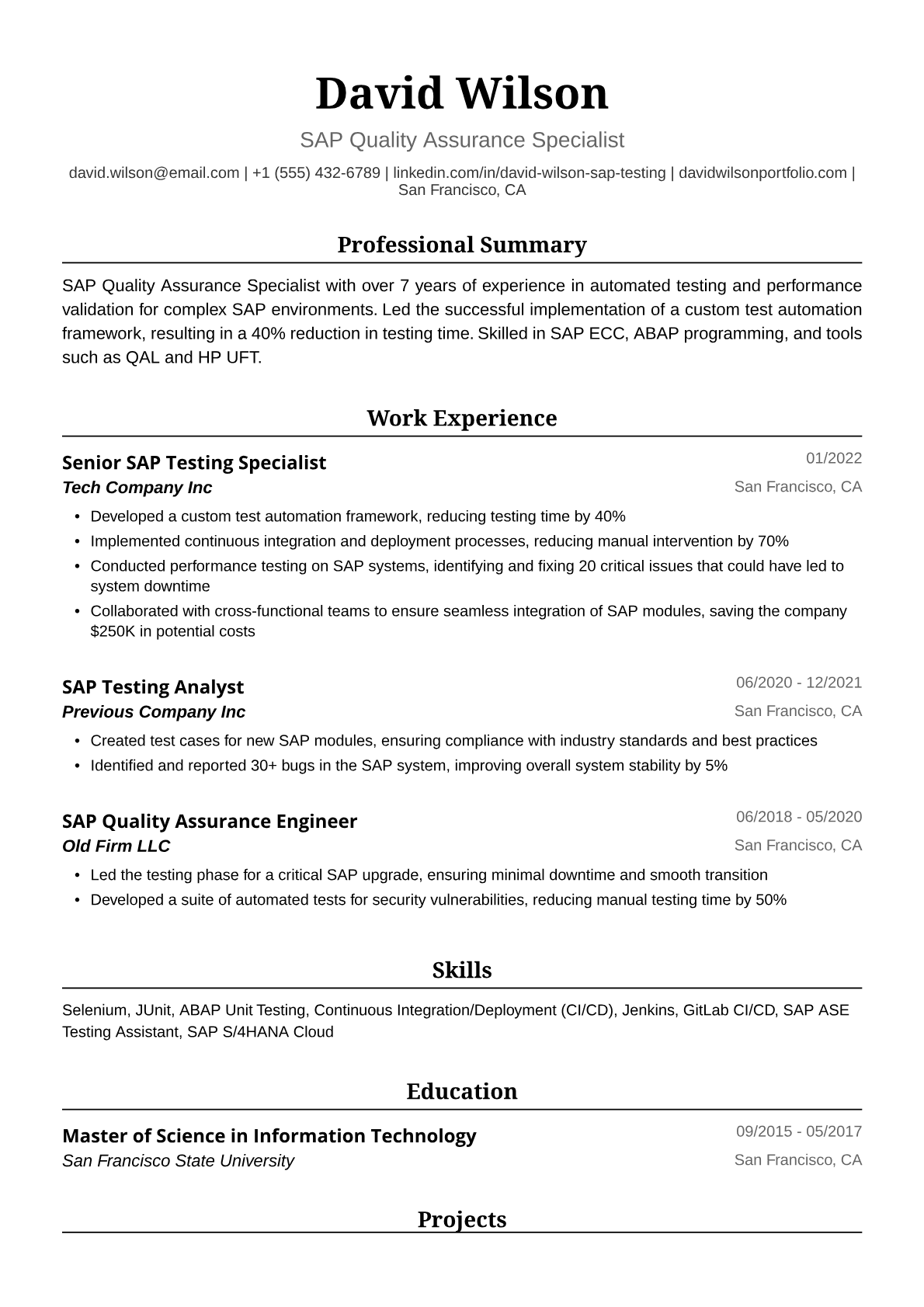 SAP Testing Resume Example