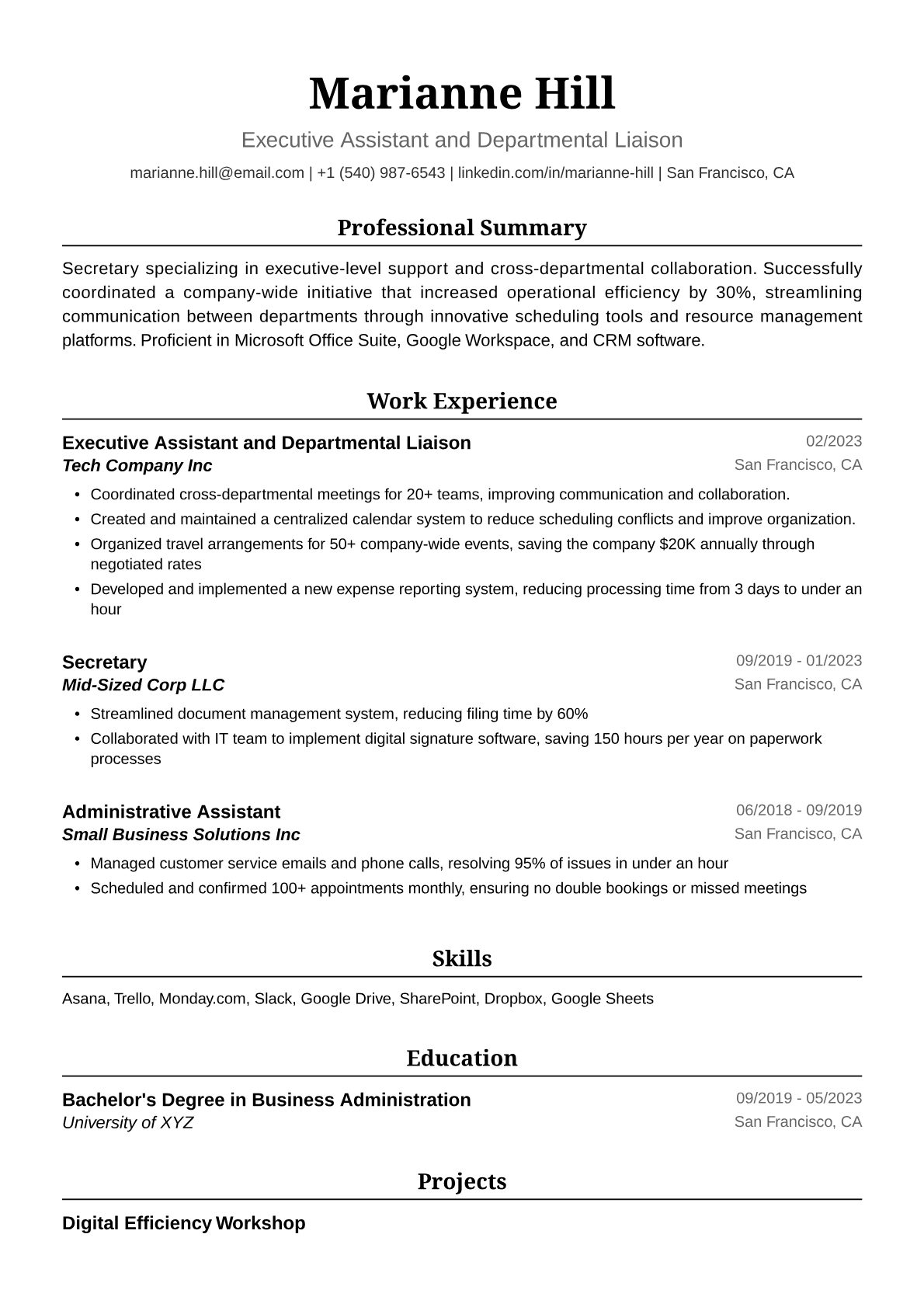 Secretary Resume Example