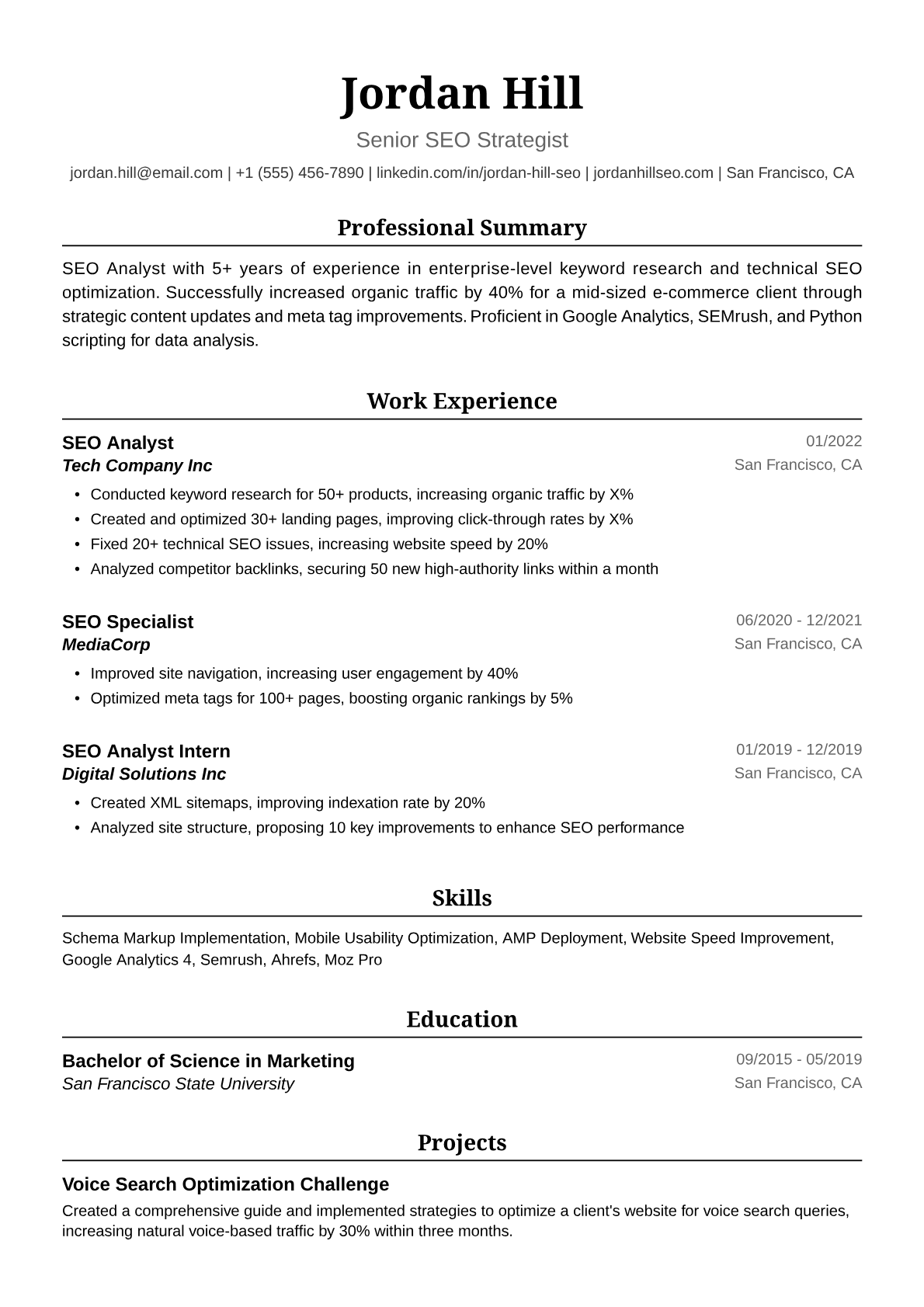 SEO Analyst Resume Example