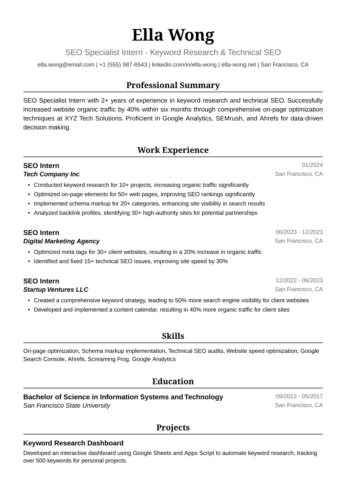 SEO Intern Resume Example
