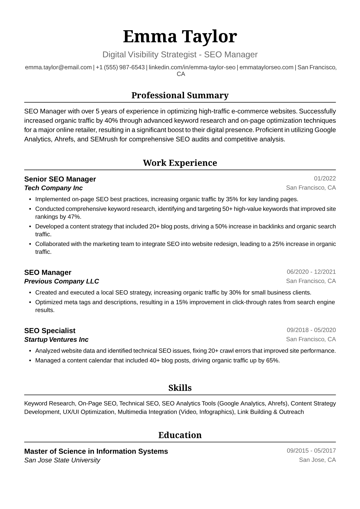 SEO Manager Resume Example
