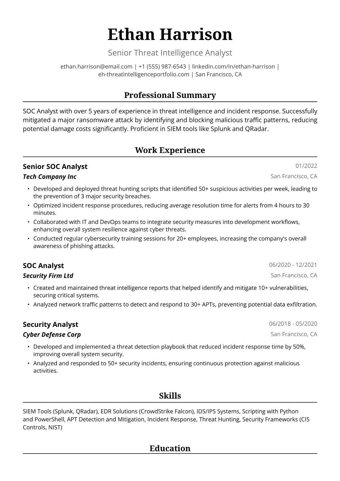 SOC Analyst Resume Example