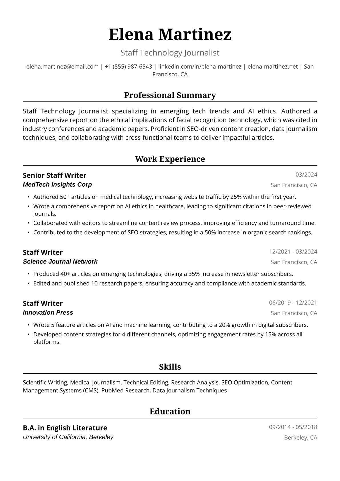 Staff Writer Resume Example