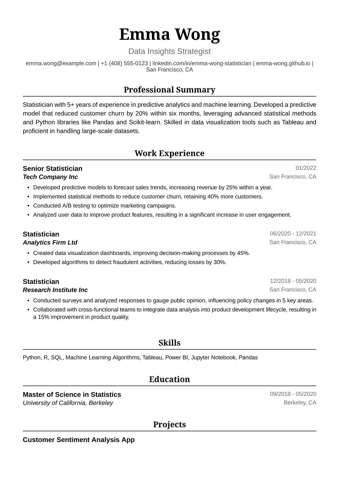 Statistician Resume Example