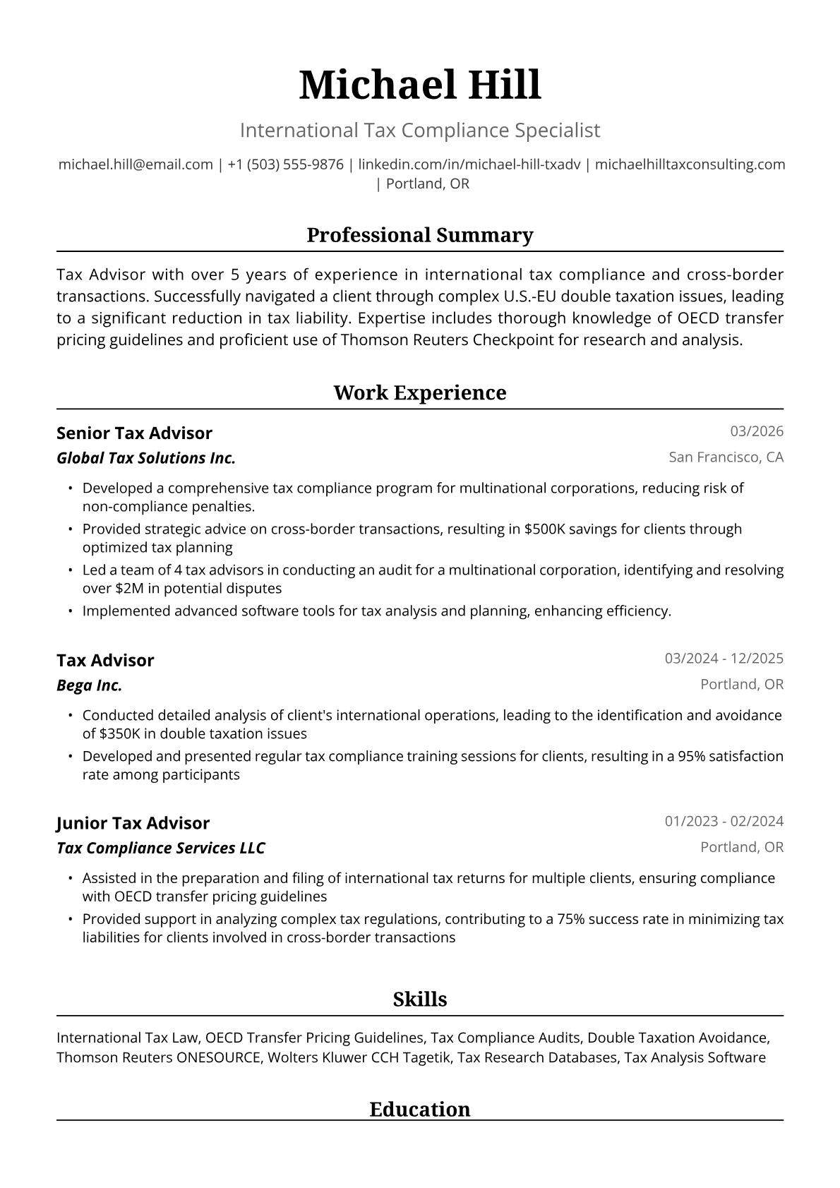 Tax Advisor Resume Example