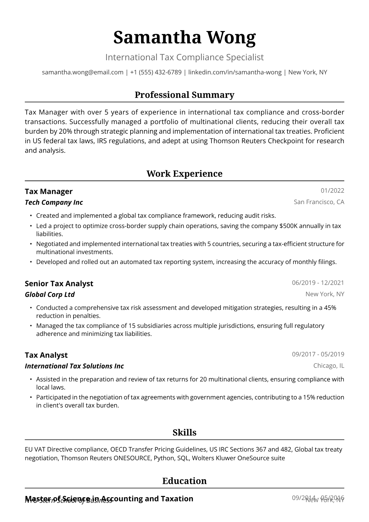 Tax Manager Resume Example