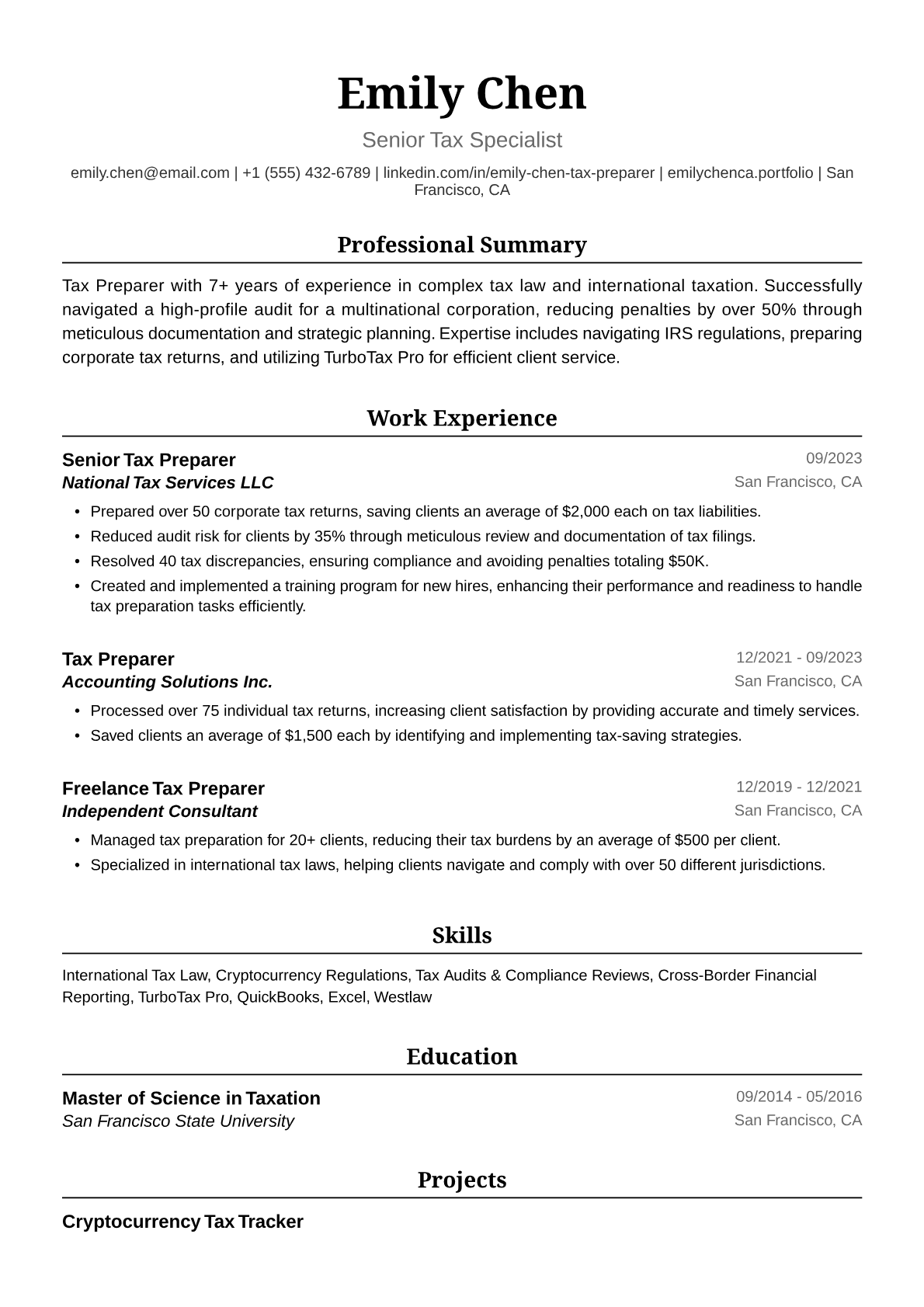 Tax Preparer Resume Example