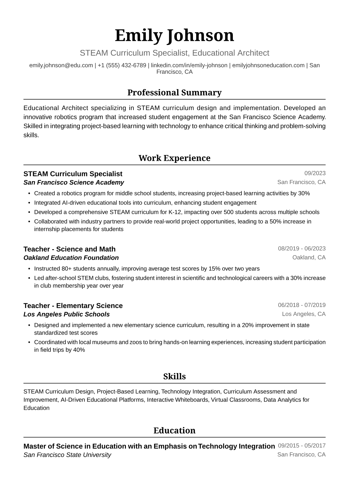 Teacher Resume Example