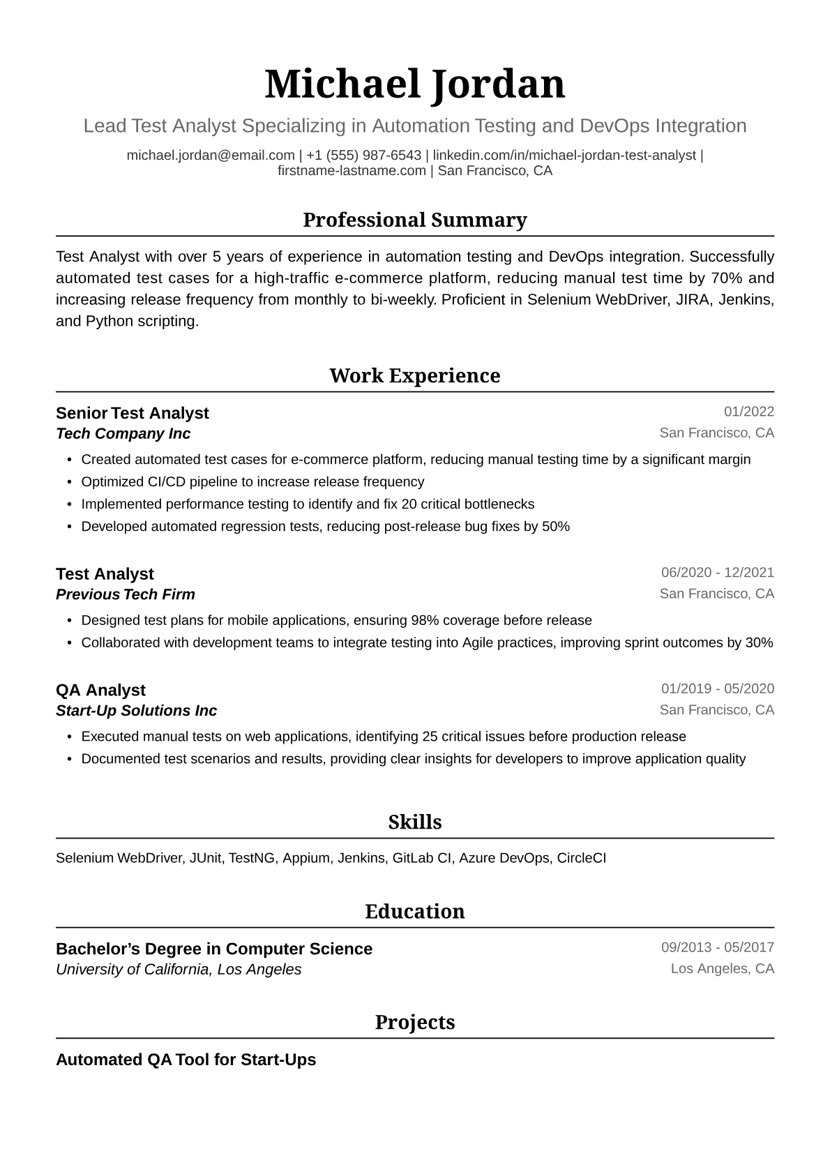 Test Analyst Resume Example