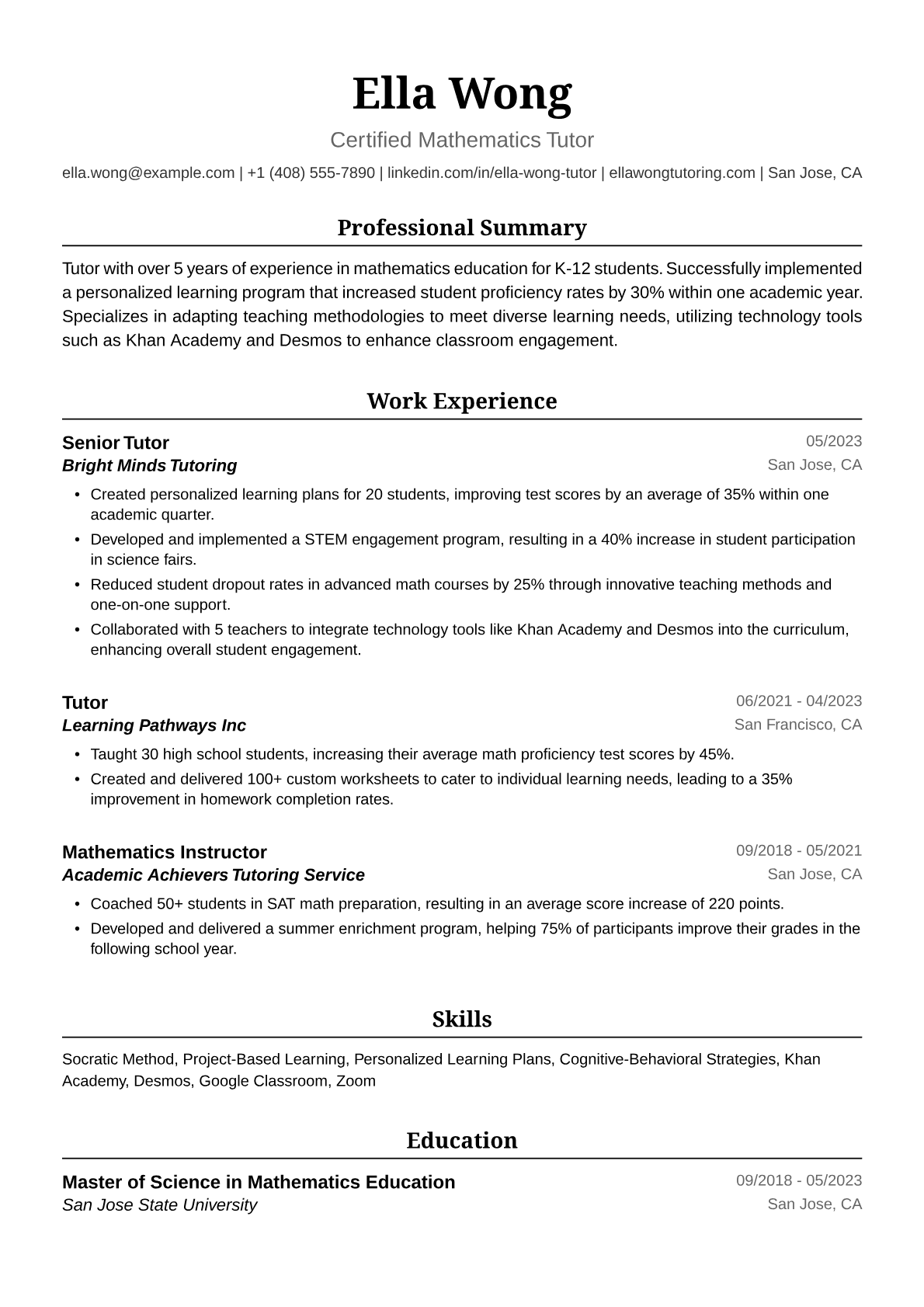 Tutor Resume Example