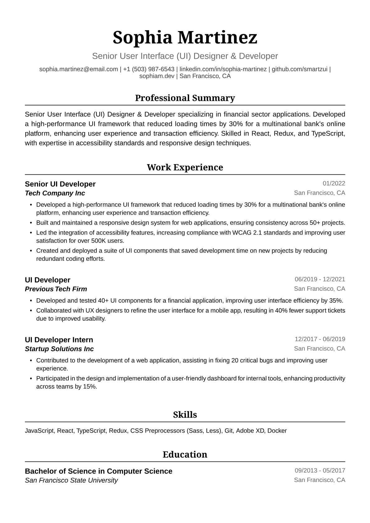 UI Developer Resume Example