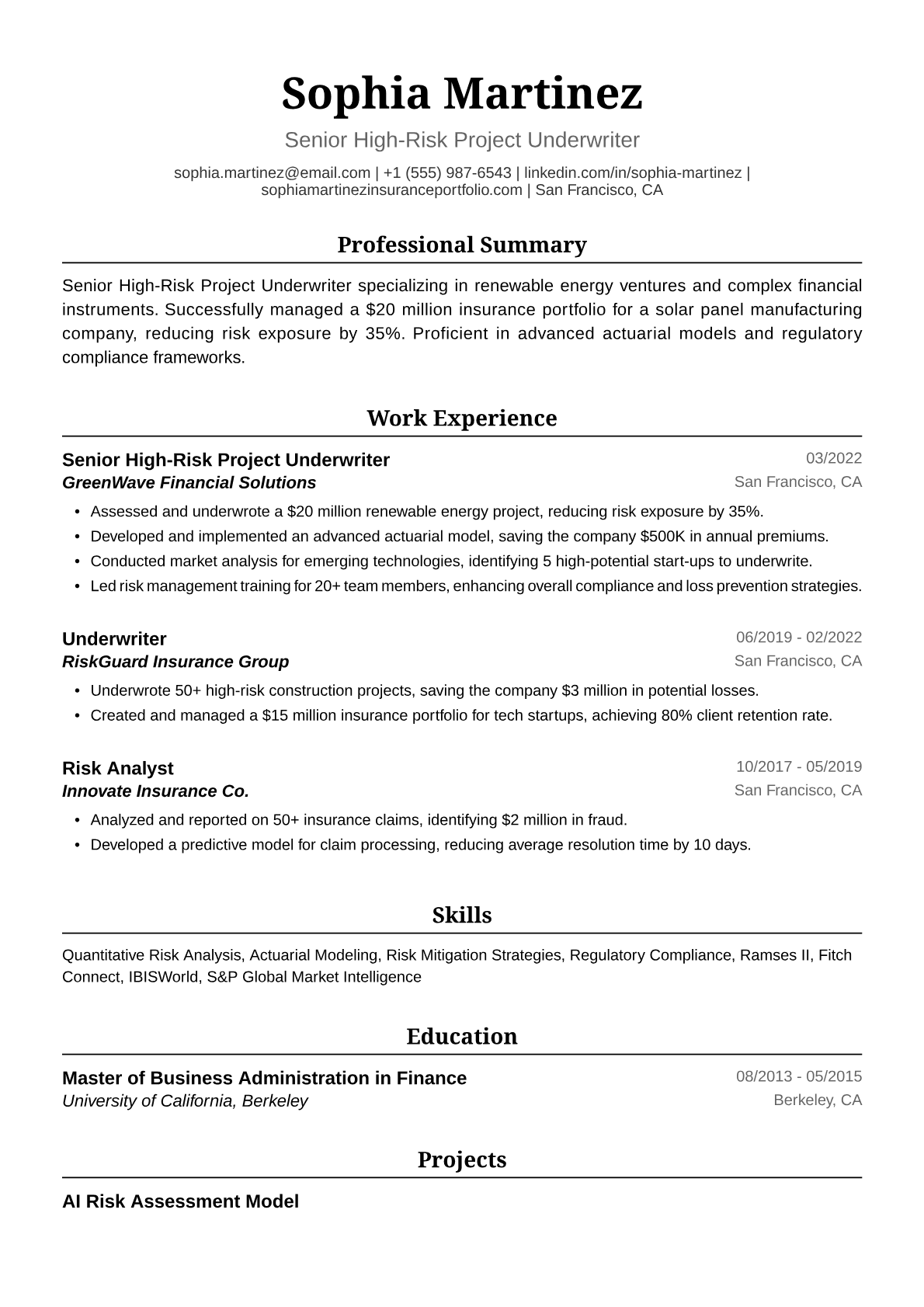 Underwriter Resume Example