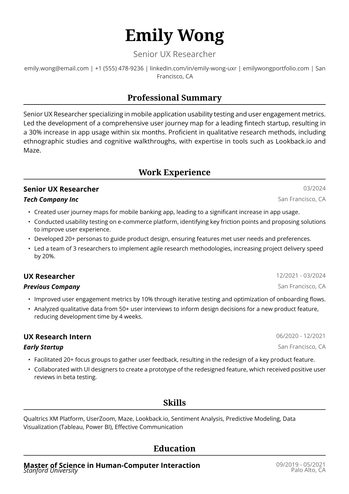 UX Research Resume Example