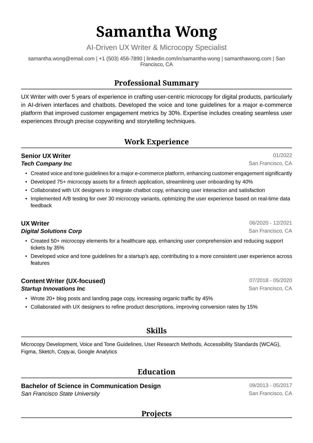 UX Writer Resume Example