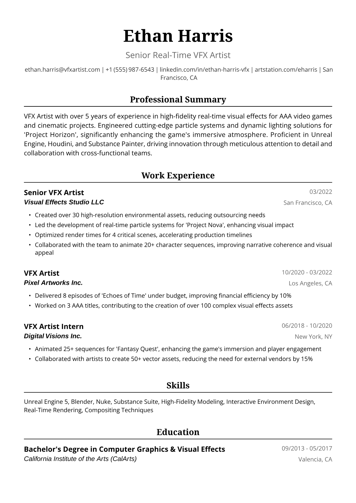 VFX Artist Resume Example